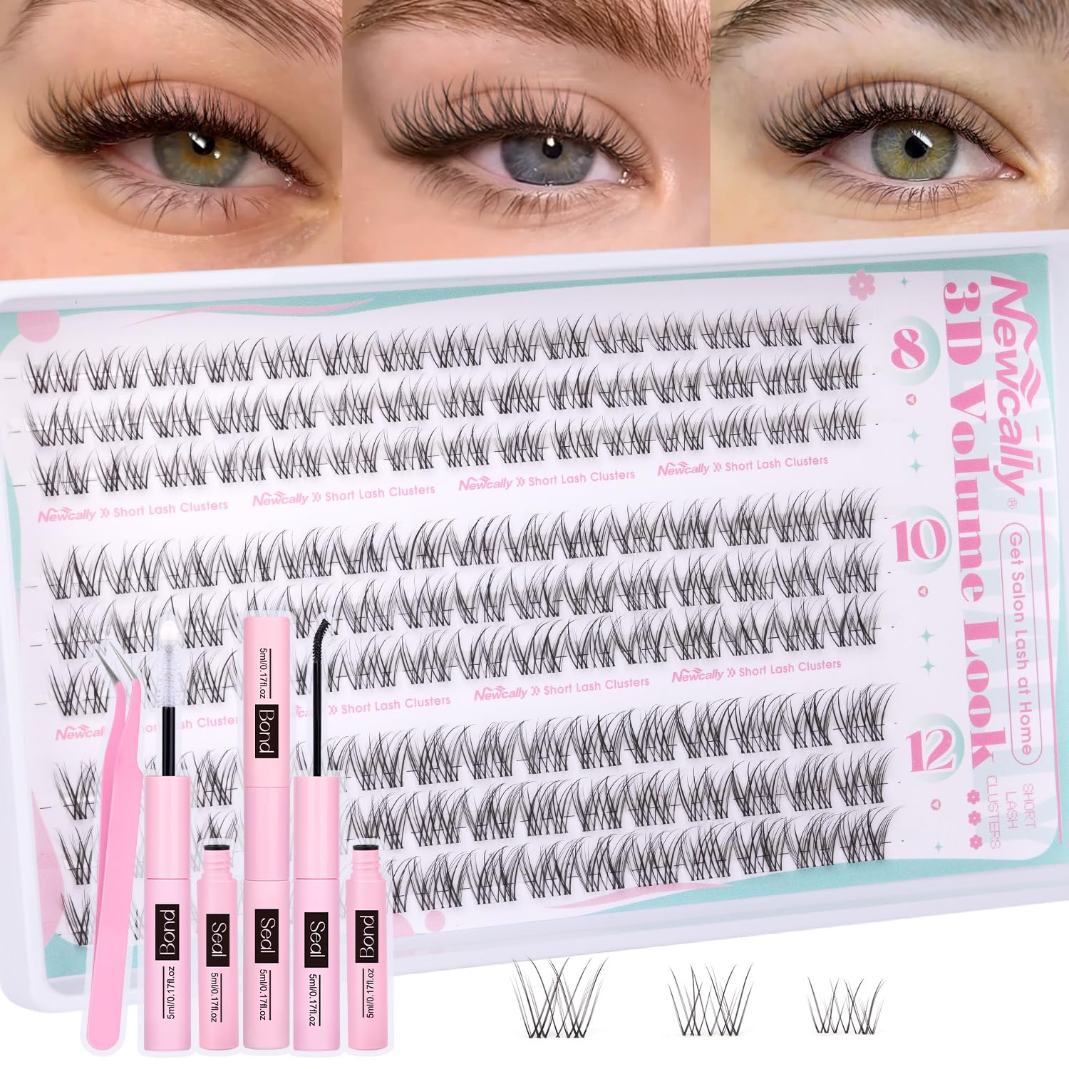 Newcally Natural Lash Clusters Kit 8-12mm – Clear Lash Band DIY C-Curly Lashes