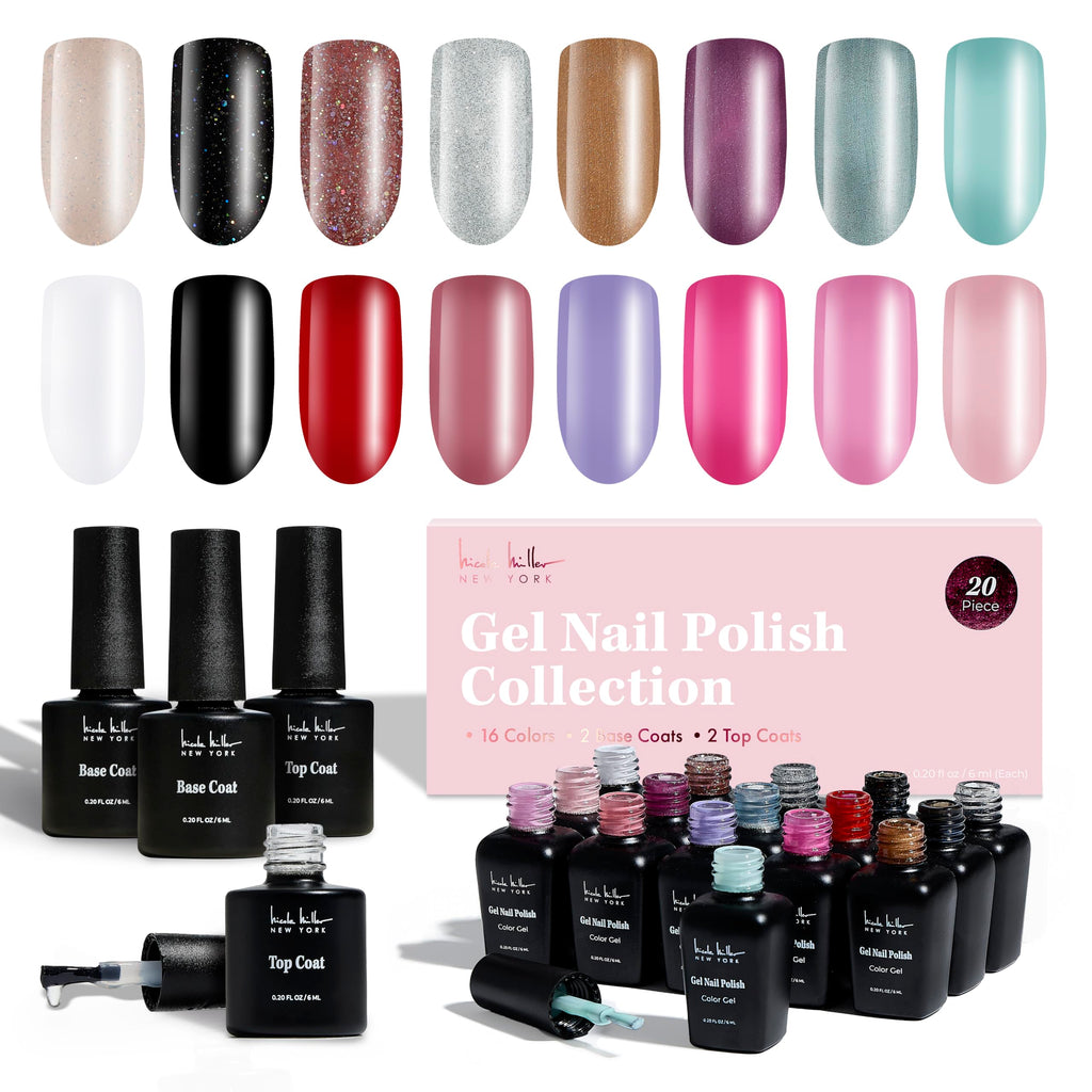 Nicole Miller New York Gel Nail Polish Collection — 20-Piece Set with 16 Colors, 2 Base Coats & 2 Top Coats