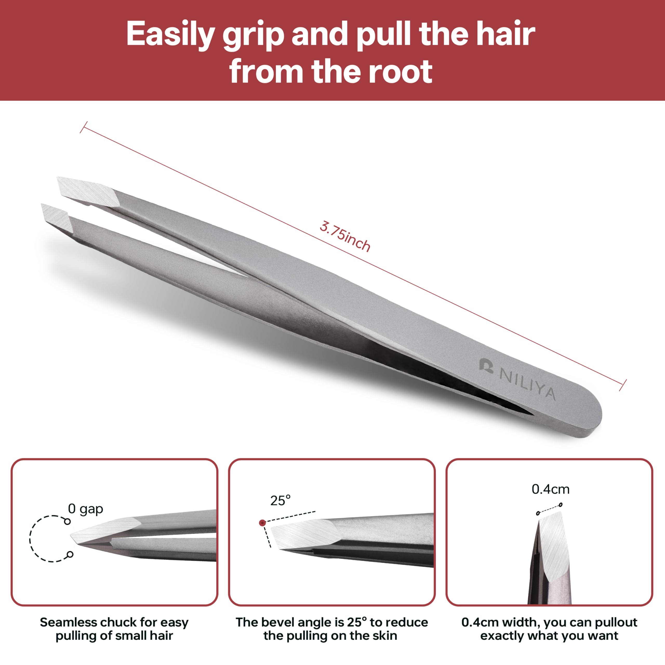 NILIYA Eyebrow Tweezers for Women – Ultra-Fine 0.15mm Slanted Tip, Ergonomic Design