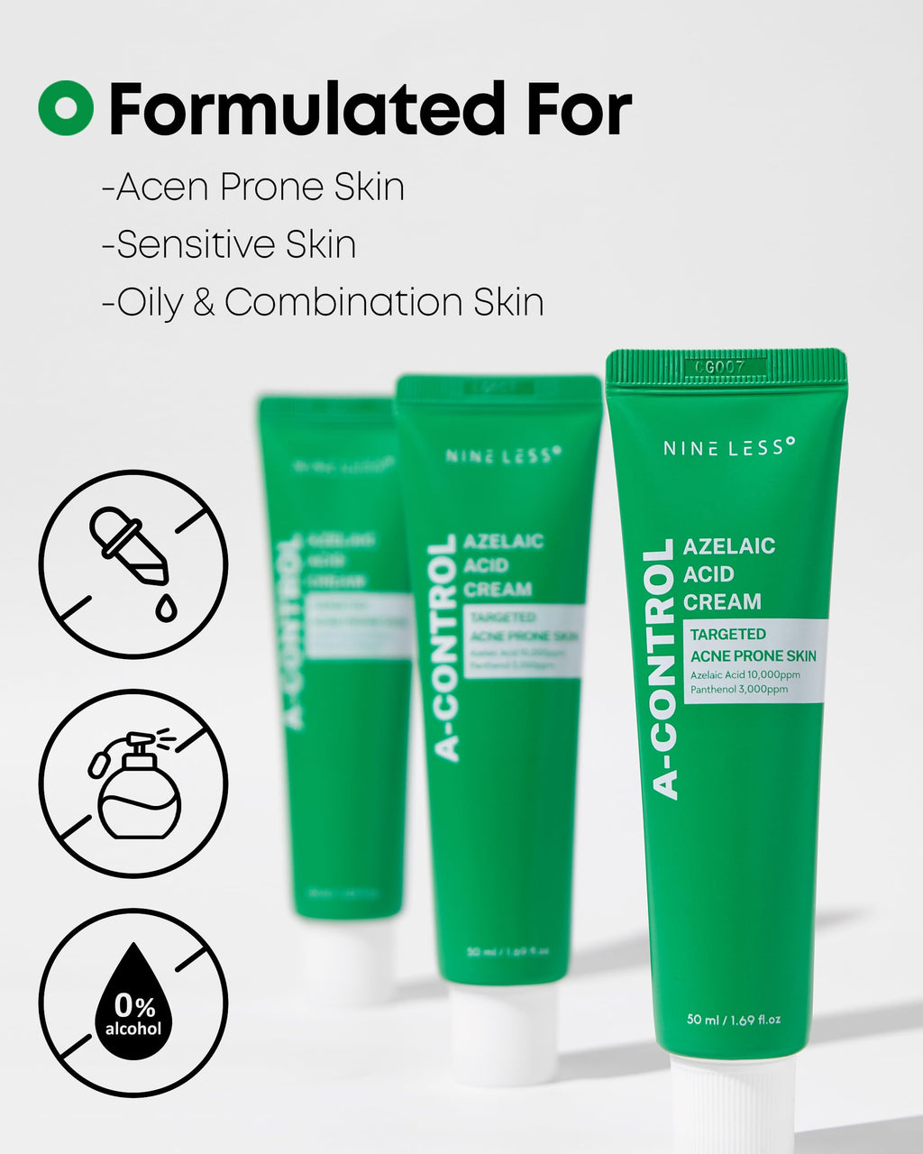 NINELESS A-Control Azelaic Acid Cream – Korean Blemish Clear Moisturizer for Face | Acne Control & Hydration