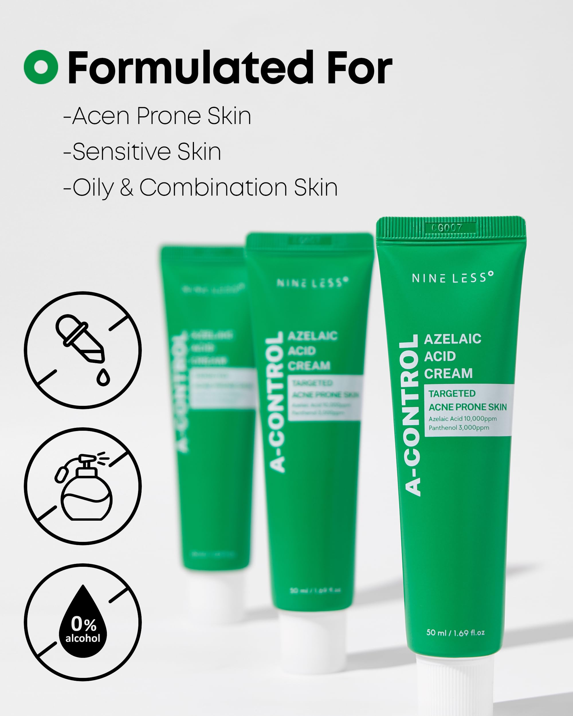 NINELESS A-Control Azelaic Acid Cream – Korean Blemish Clear Moisturizer for Face | Acne Control & Hydration