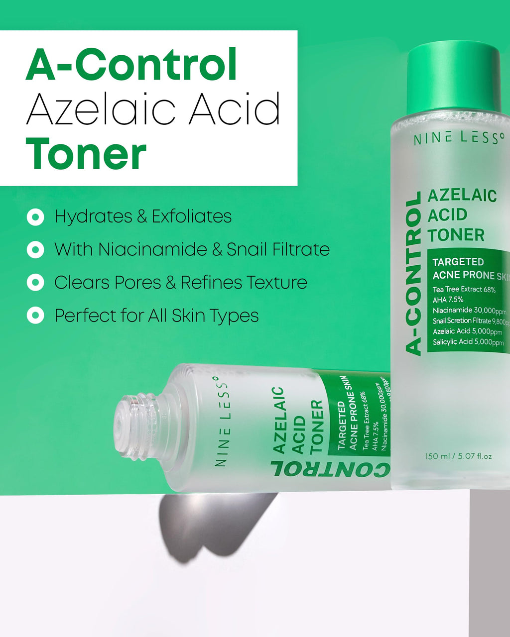 NINELESS A-Control Azelaic Acid Toner with AHA & BHA | Pore Refining & Soothing Toner