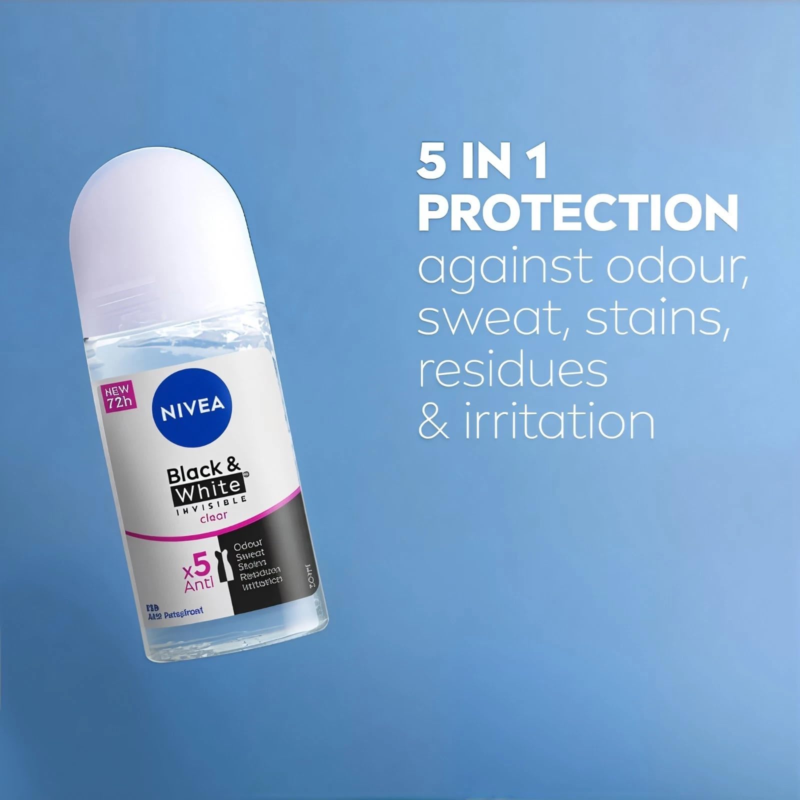 NIVEA Black & White Invisible Roll-On Antiperspirant Deodorant 50ml – 72H Protection (Pack of 3)