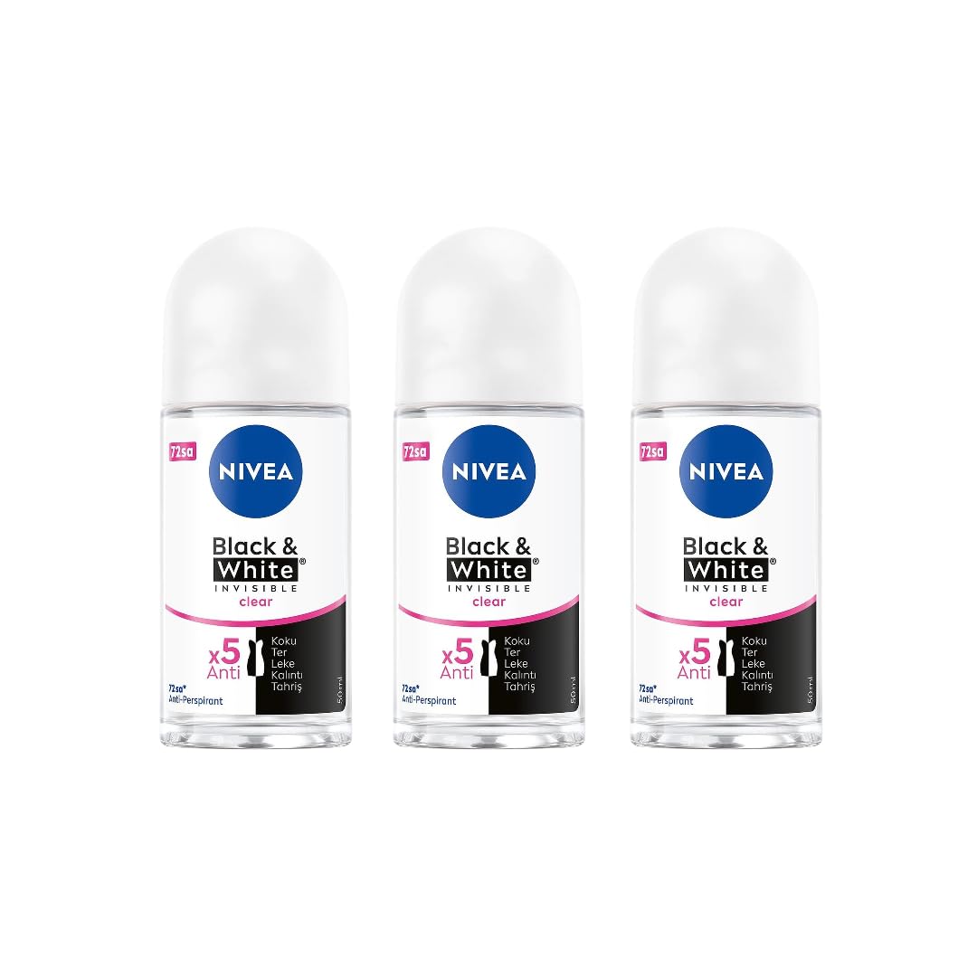 NIVEA Black & White Invisible Roll-On Antiperspirant Deodorant 50ml – 72H Protection (Pack of 3)