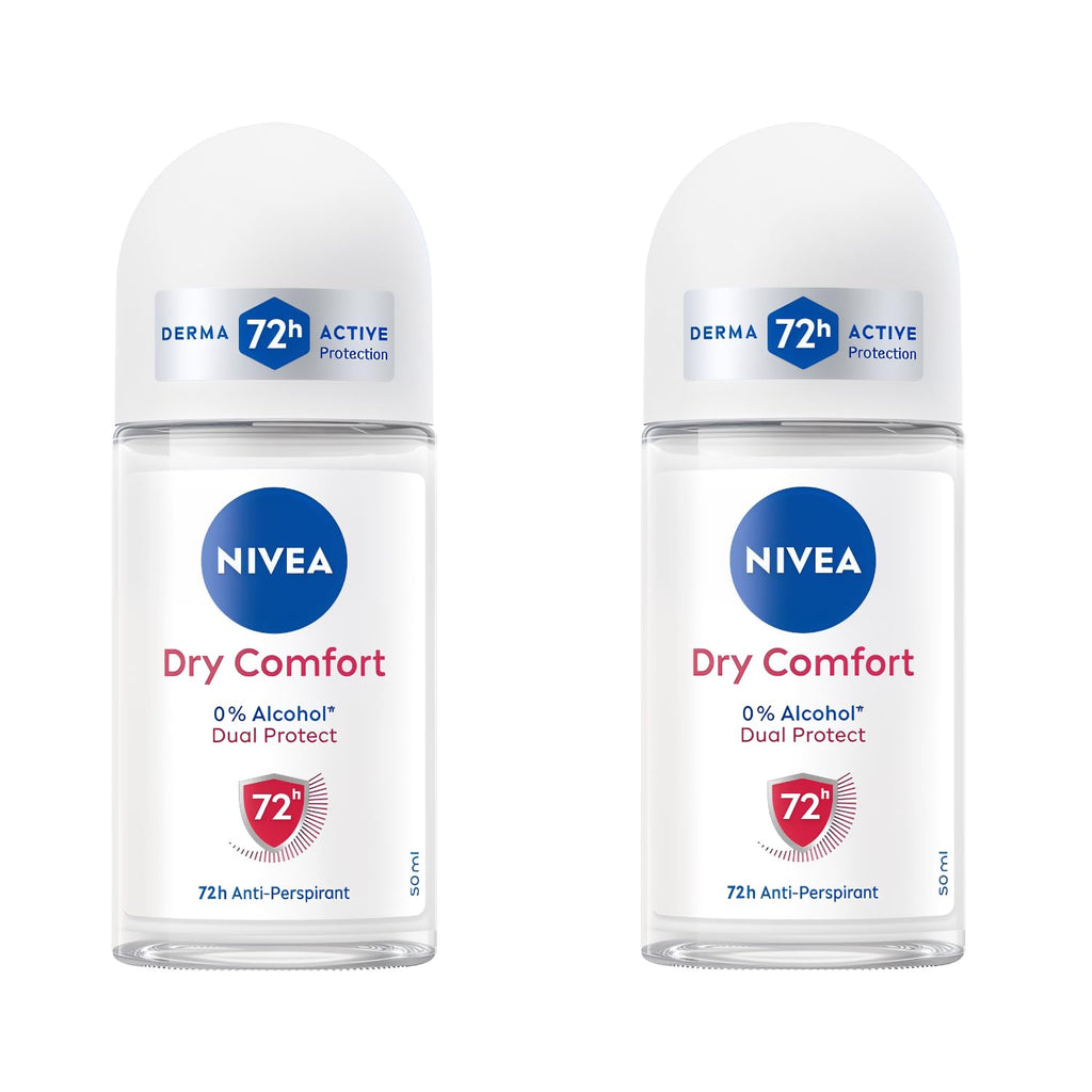 NIVEA Dry Comfort Roll-On Deodorant 50ml – 48H Protection, Alcohol-Free (2-pack)
