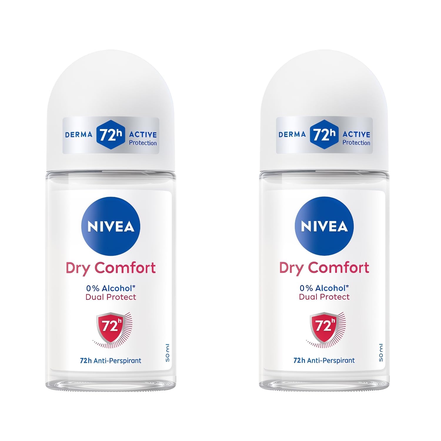 NIVEA Dry Comfort Roll-On Deodorant 50ml – 48H Protection, Alcohol-Free (2-pack)