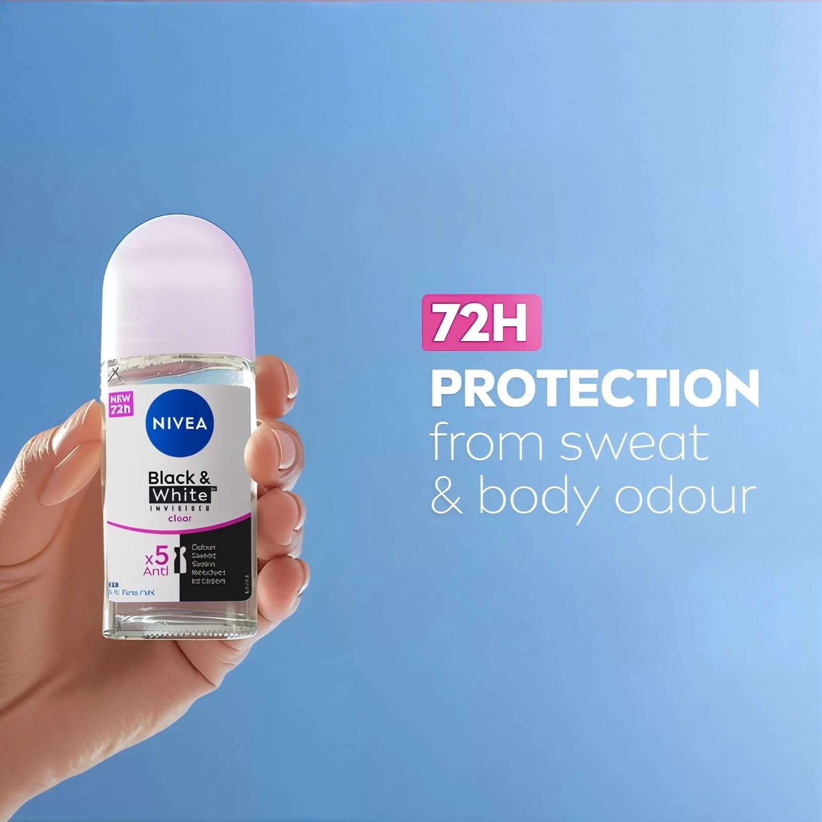 NIVEA Black & White Invisible Roll-On Antiperspirant Deodorant 50ml – 72H Protection (Pack of 3)
