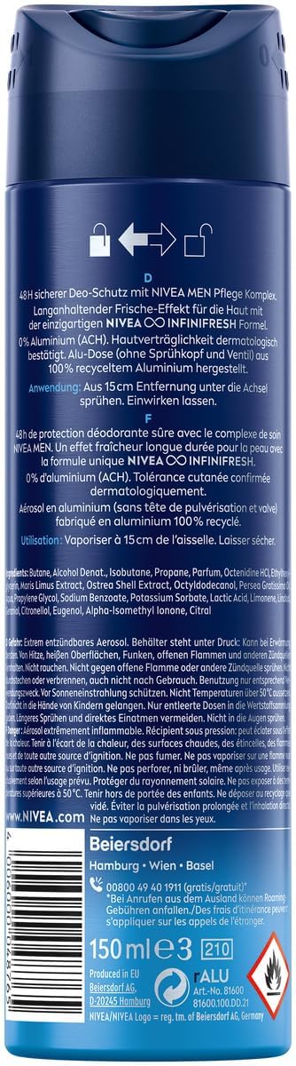 NIVEA Men Fresh Active Deodorant Spray – Pack of 6 x 150 ml | 48h Protection