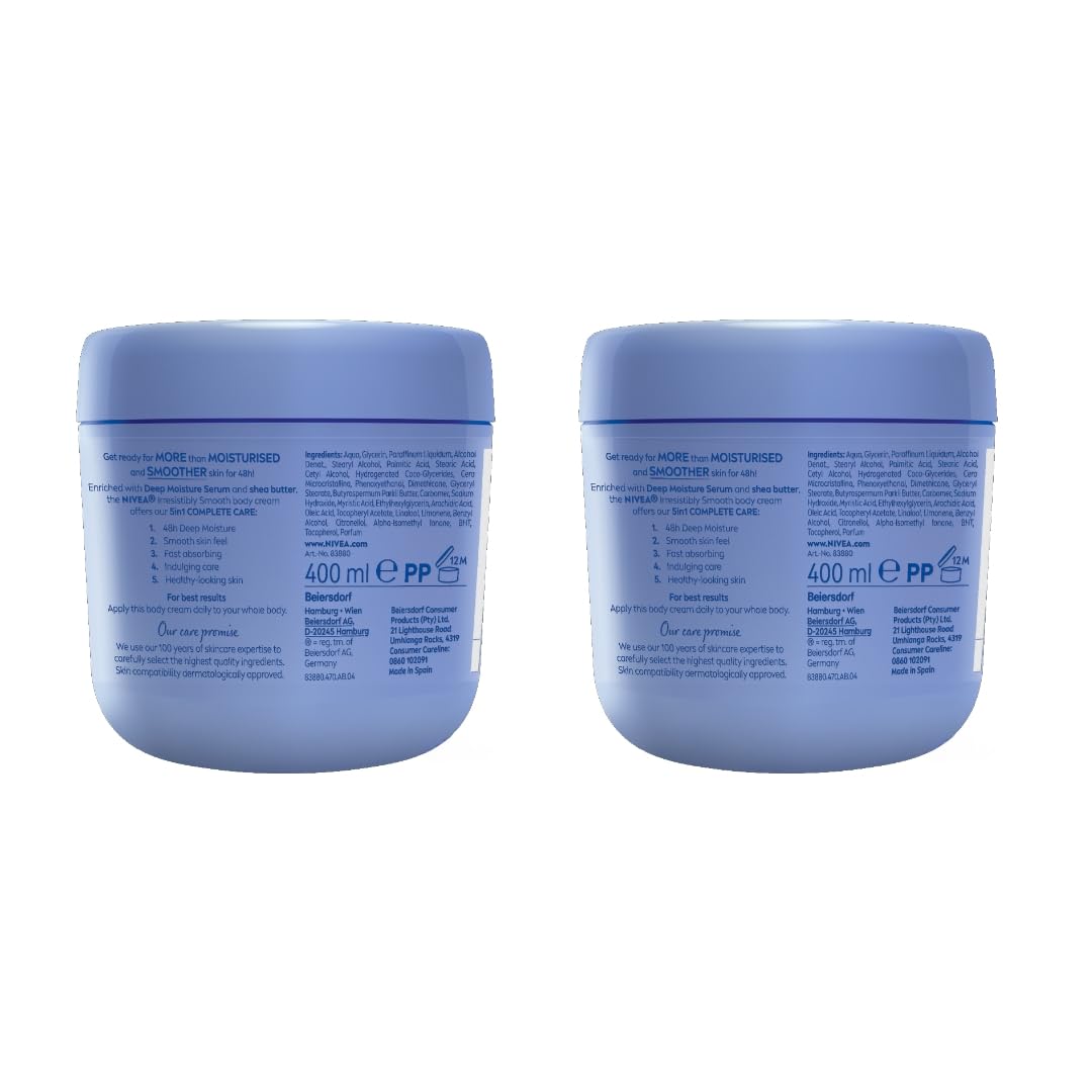NIVEA Irresistibly Smooth Body Cream with Shea Butter – 400ml Pack of 2, 48-Hour Hydration