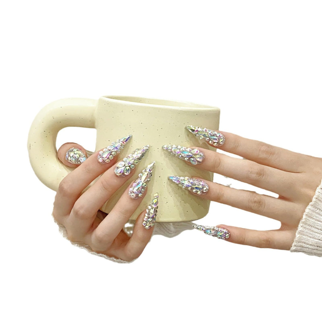 NLSJMP 3D Handmade Long Stiletto Press-On Nails – Almond Shape, Rhinestone Glitter Kit, 10 Pcs, Size S #986