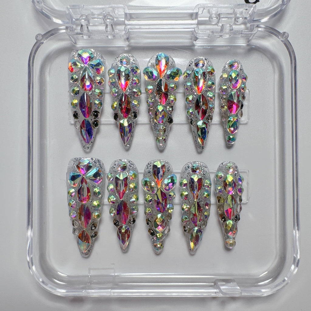 NLSJMP 3D Handmade Long Stiletto Press-On Nails – Almond Shape, Rhinestone Glitter Kit, 10 Pcs, Size S #986