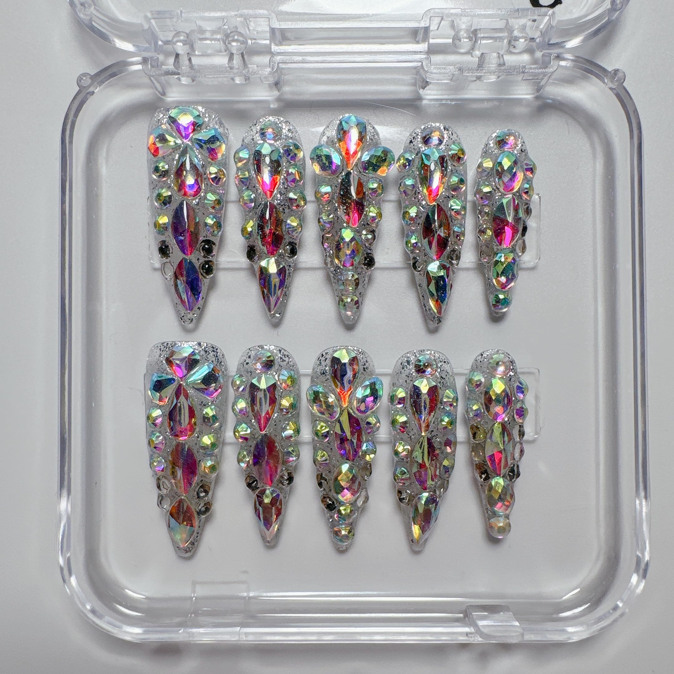 NLSJMP 3D Handmade Long Stiletto Press-On Nails – Almond Shape, Rhinestone Glitter Kit, 10 Pcs, Size S #986