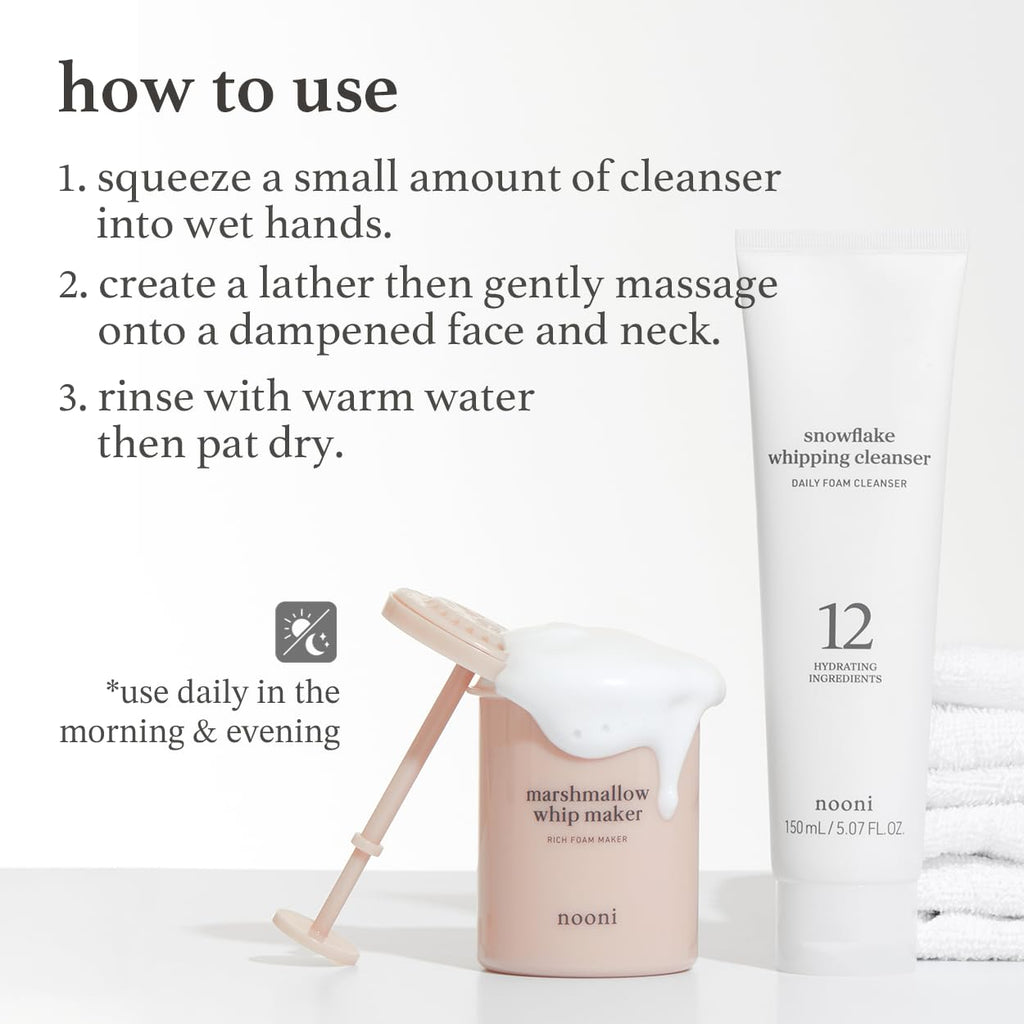 NOONI Snowflake Whipping Cleanser – Korean Glass Skin Facial Wash | Vegan & Purifying (5.07 fl oz)