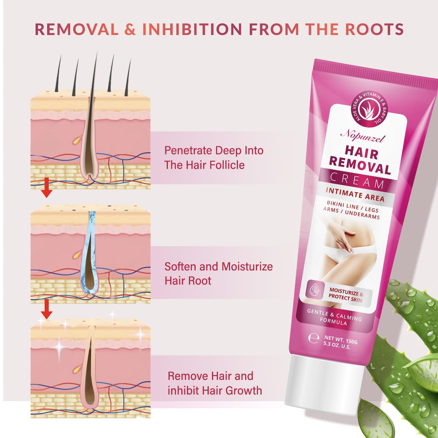 NOPUNZEL Hair Removal Cream for Women – Fast, Painless Bikini & Body Removal (5.3 oz)