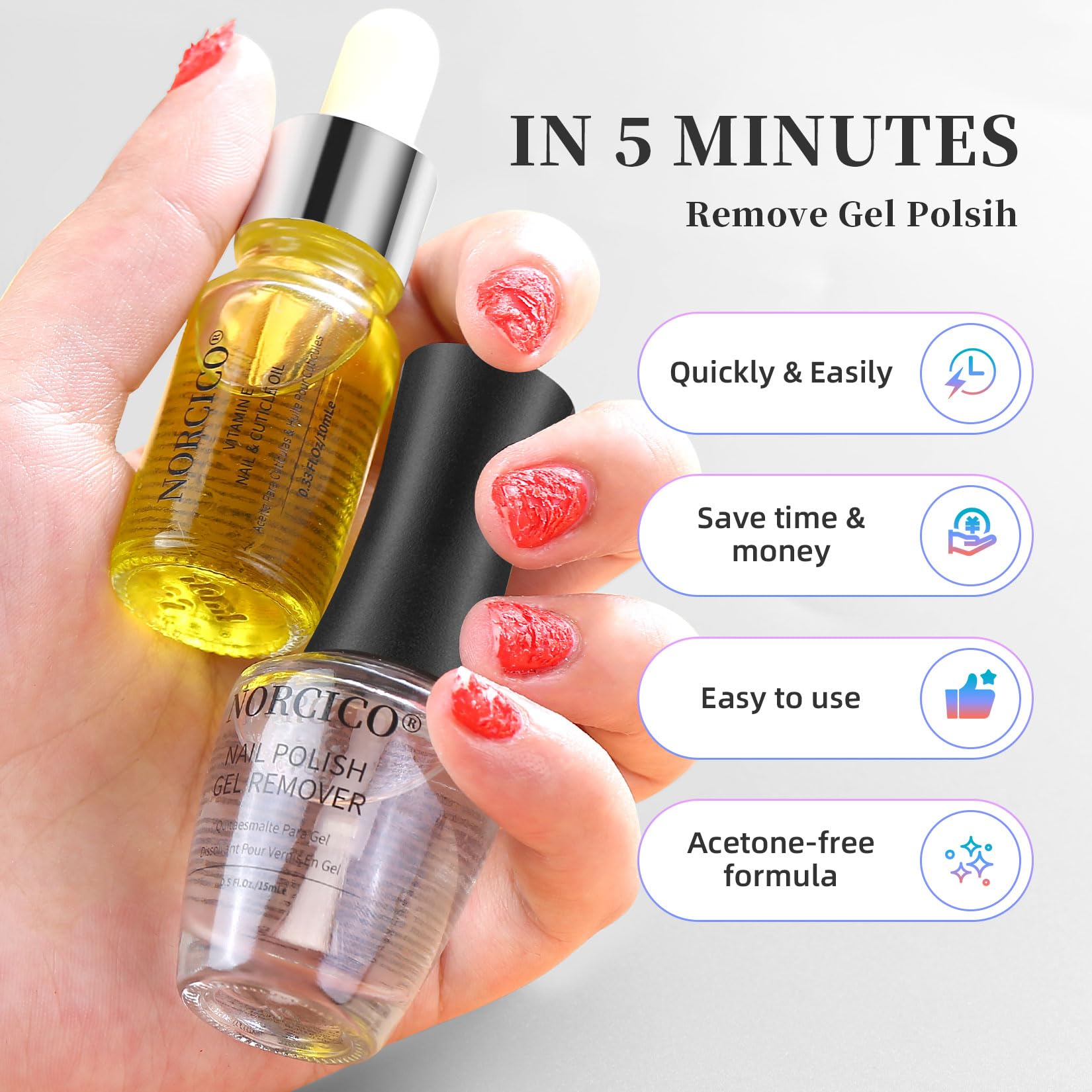 NORCICO Gel Polish Remover Kit – Fast 2-5 Min, No-Soak, 10ml Cuticle Oil & Pro Tools