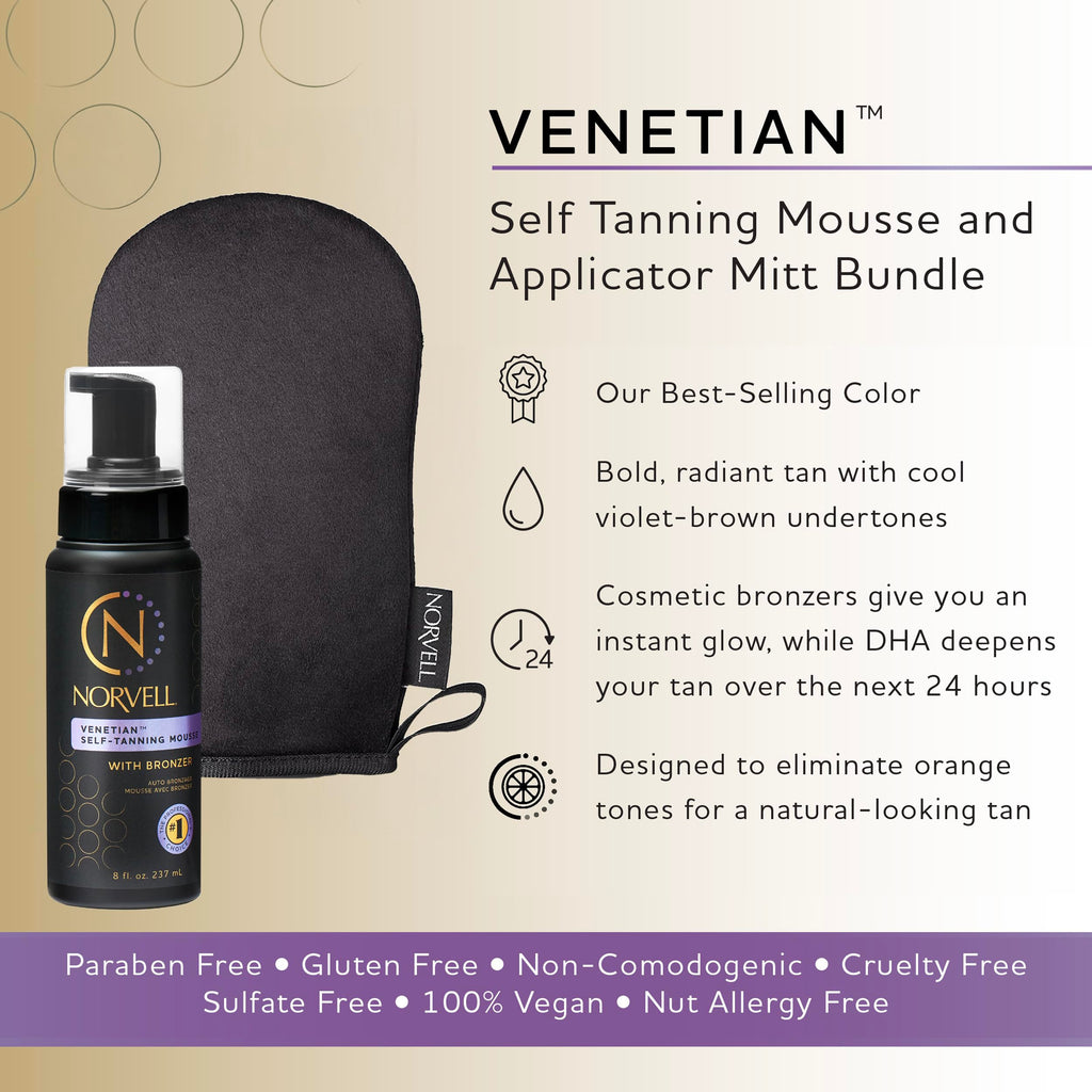 Norvell Venetian Self Tanning Set – 8 oz Mousse with Bronzer & Reusable Mitt