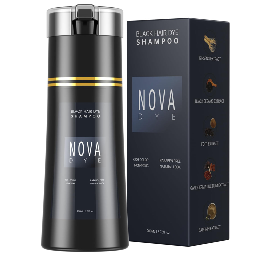 NOVA DYE Black Hair Dye Shampoo 3 in 1 | Natural Gray Coverage for Men & Women | Herbal Formula