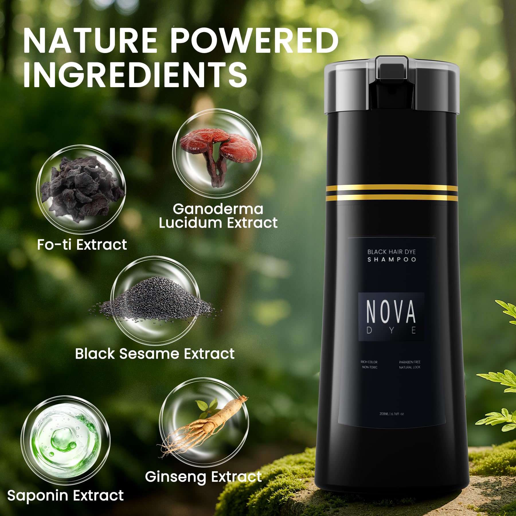 NOVA DYE Black Hair Dye Shampoo 3 in 1 | Natural Gray Coverage for Men & Women | Herbal Formula