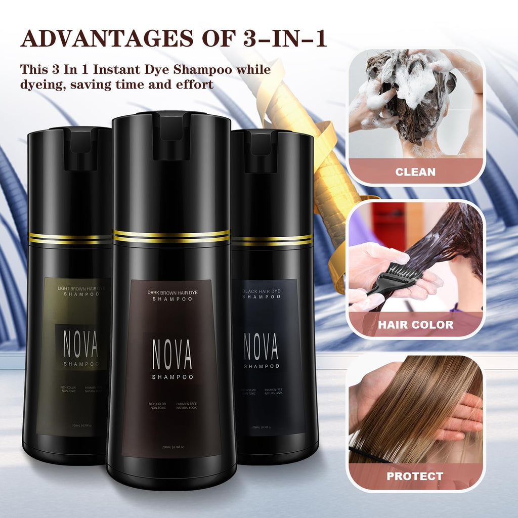 Nova Shampoo Hair Dye 3-in-1 for Gray Coverage - Dark Brown (200ml)