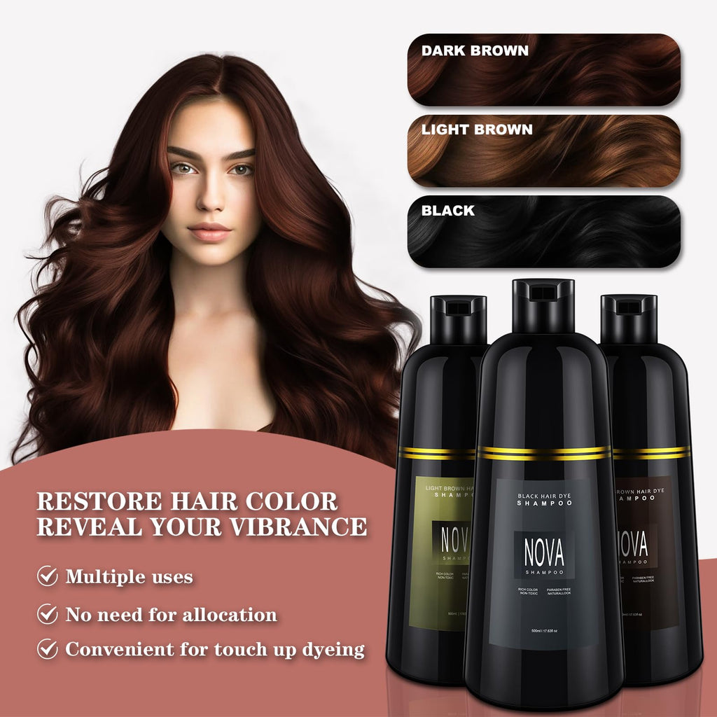Nova Shampoo 3-in-1 Gray Coverage Hair Dye - Light Brown 500ml