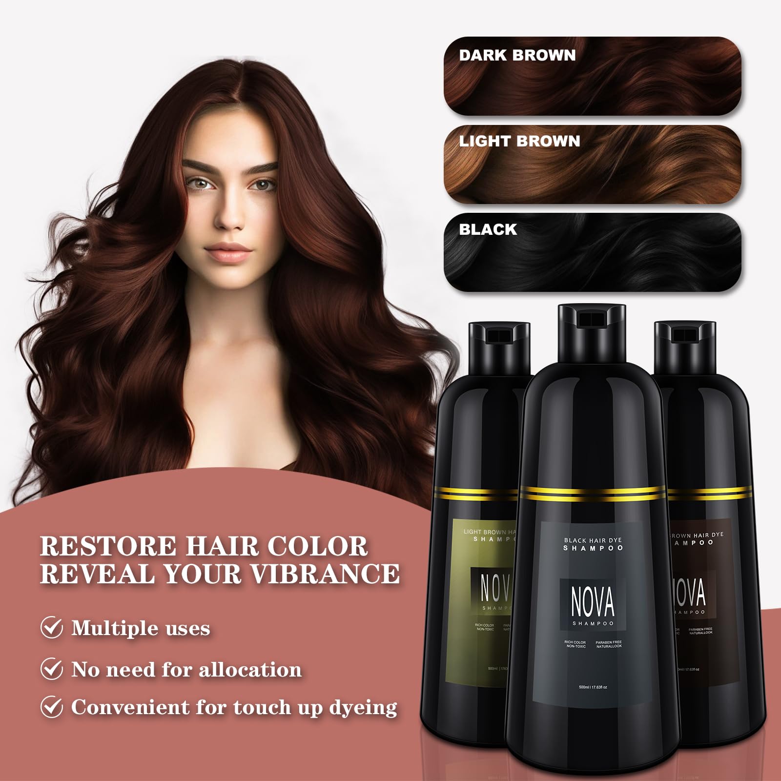 Nova Shampoo 3-in-1 Gray Coverage Hair Dye - Light Brown 500ml