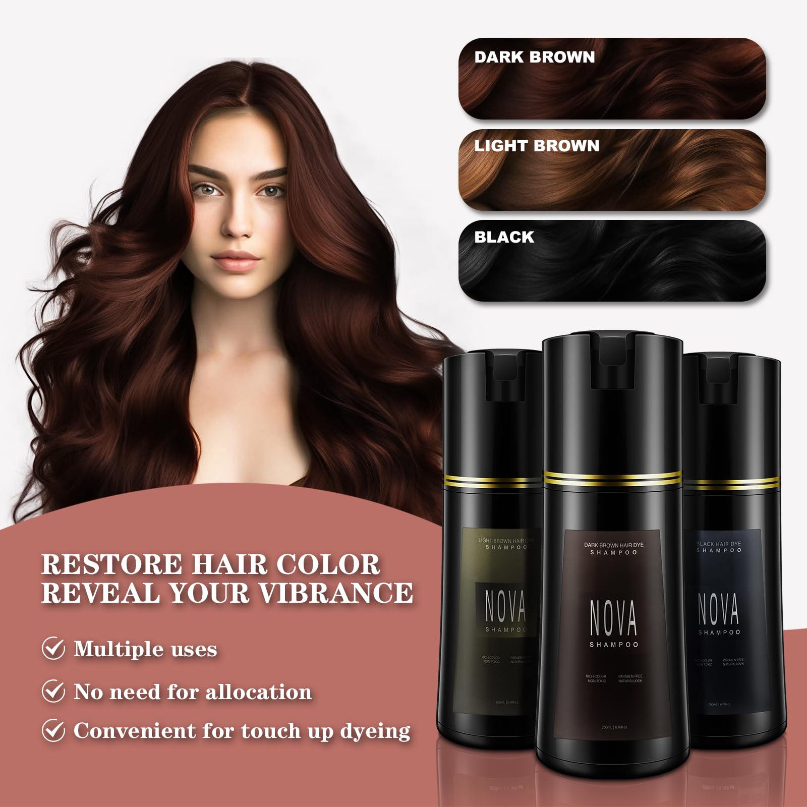 Nova Shampoo Hair Dye 3-in-1 for Gray Coverage - Dark Brown (200ml)