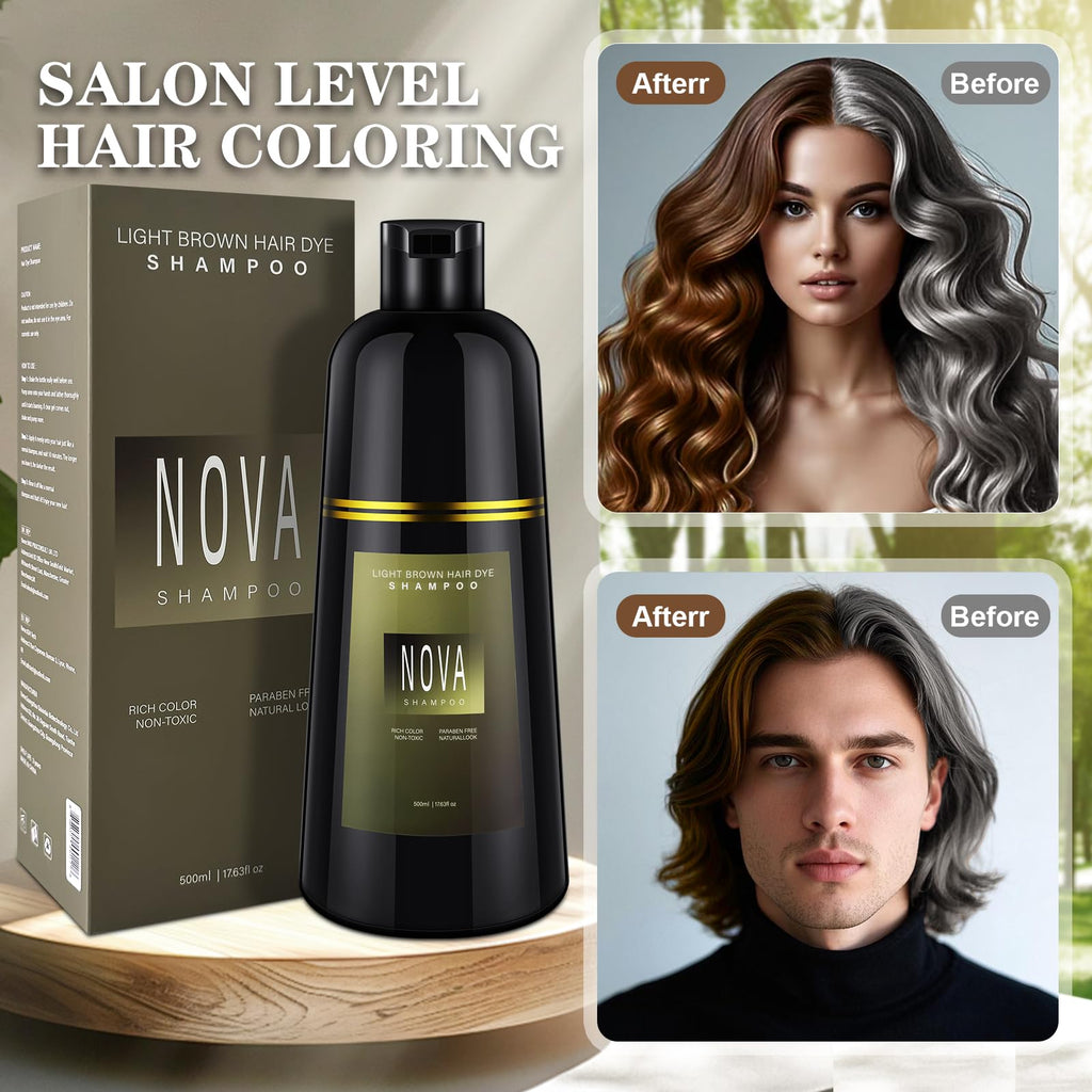 Nova Shampoo 3-in-1 Gray Coverage Hair Dye - Light Brown 500ml