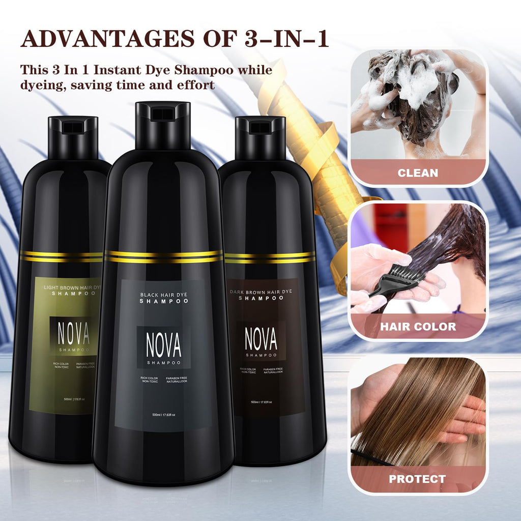 Nova Shampoo 3-in-1 Gray Coverage Hair Dye - Light Brown 500ml
