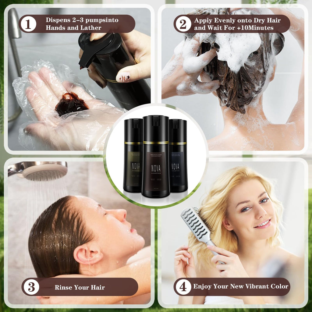 NOVA SHAMPOO Hair Dye Shampoo & Gray Coverage - Natural 3-in-1 Instant Color for Men & Women (Light Brown, 200ml)
