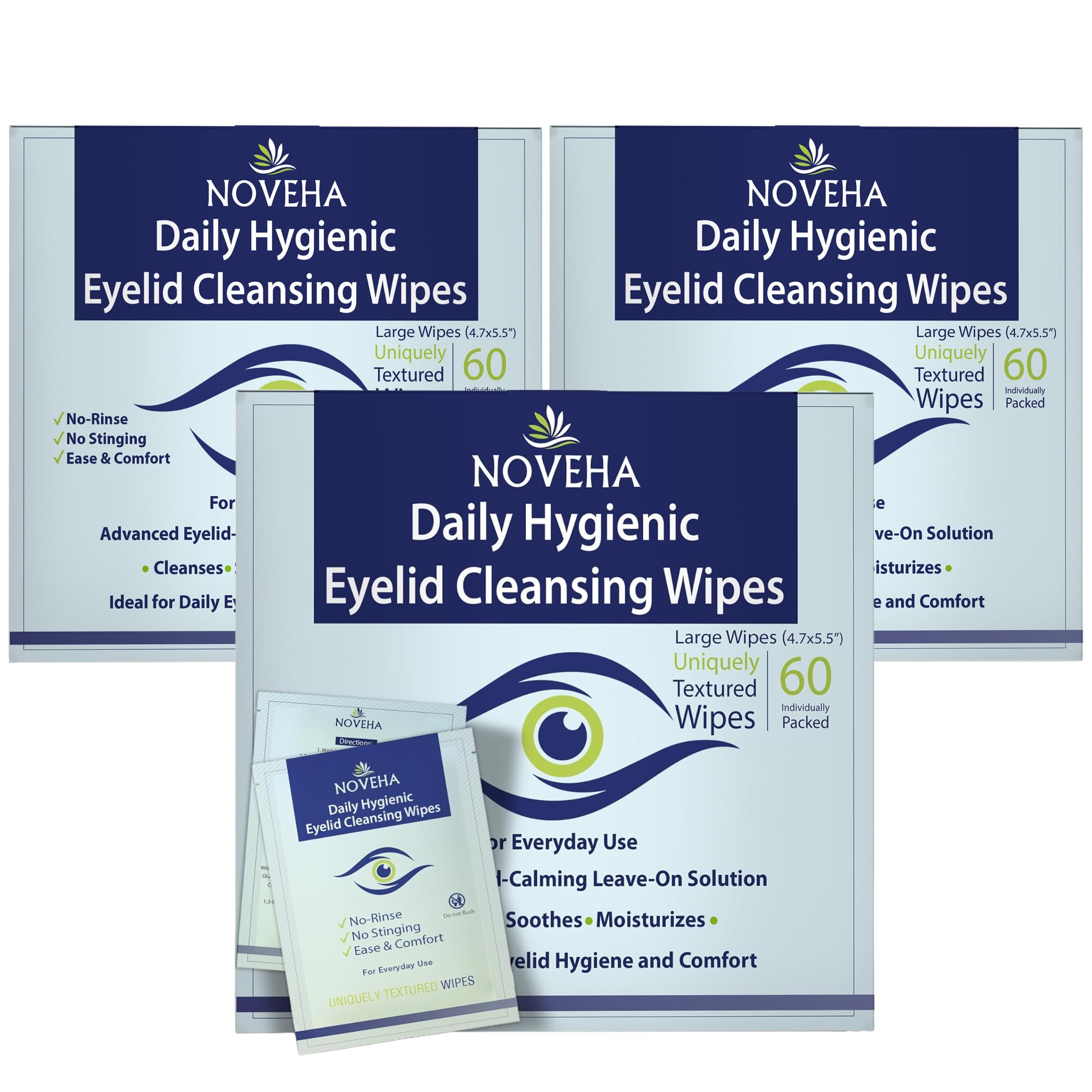 NOVEHA 180Pcs Daily Hygienic Eyelid & Lash Wipes – 120 Individually Wrapped Cleansing Wipes (3 Pack)