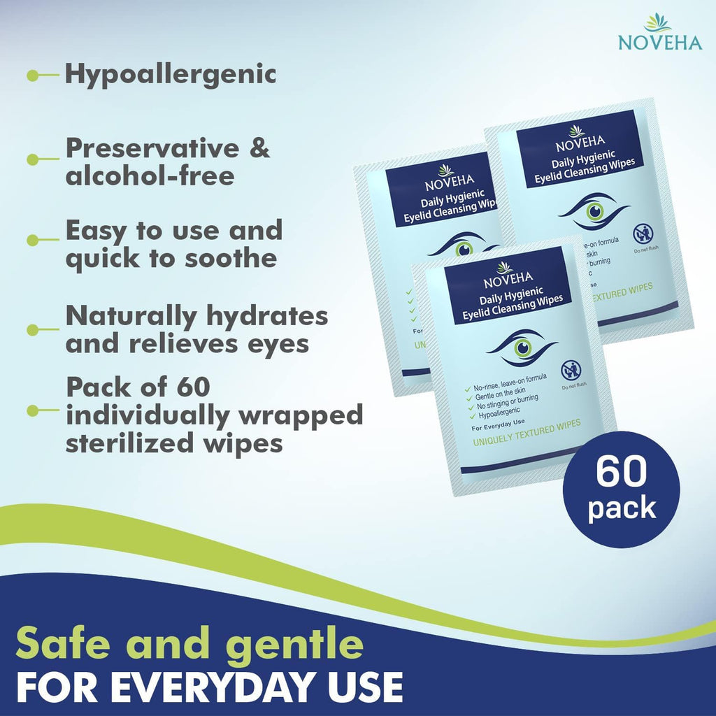 NOVEHA Daily Hygienic Eyelid & Lash Wipes – 120 Wipes, Hypoallergenic & Gentle (2 Pack)