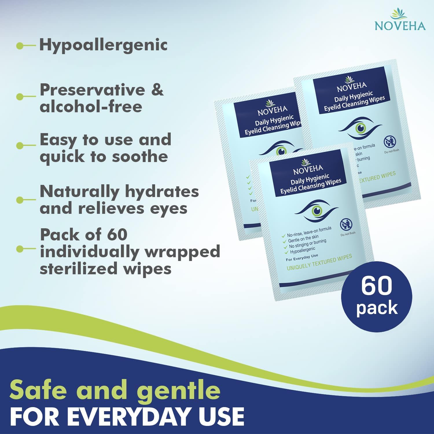 NOVEHA Daily Hygienic Eyelid & Lash Wipes – 120 Wipes, Hypoallergenic & Gentle (2 Pack)