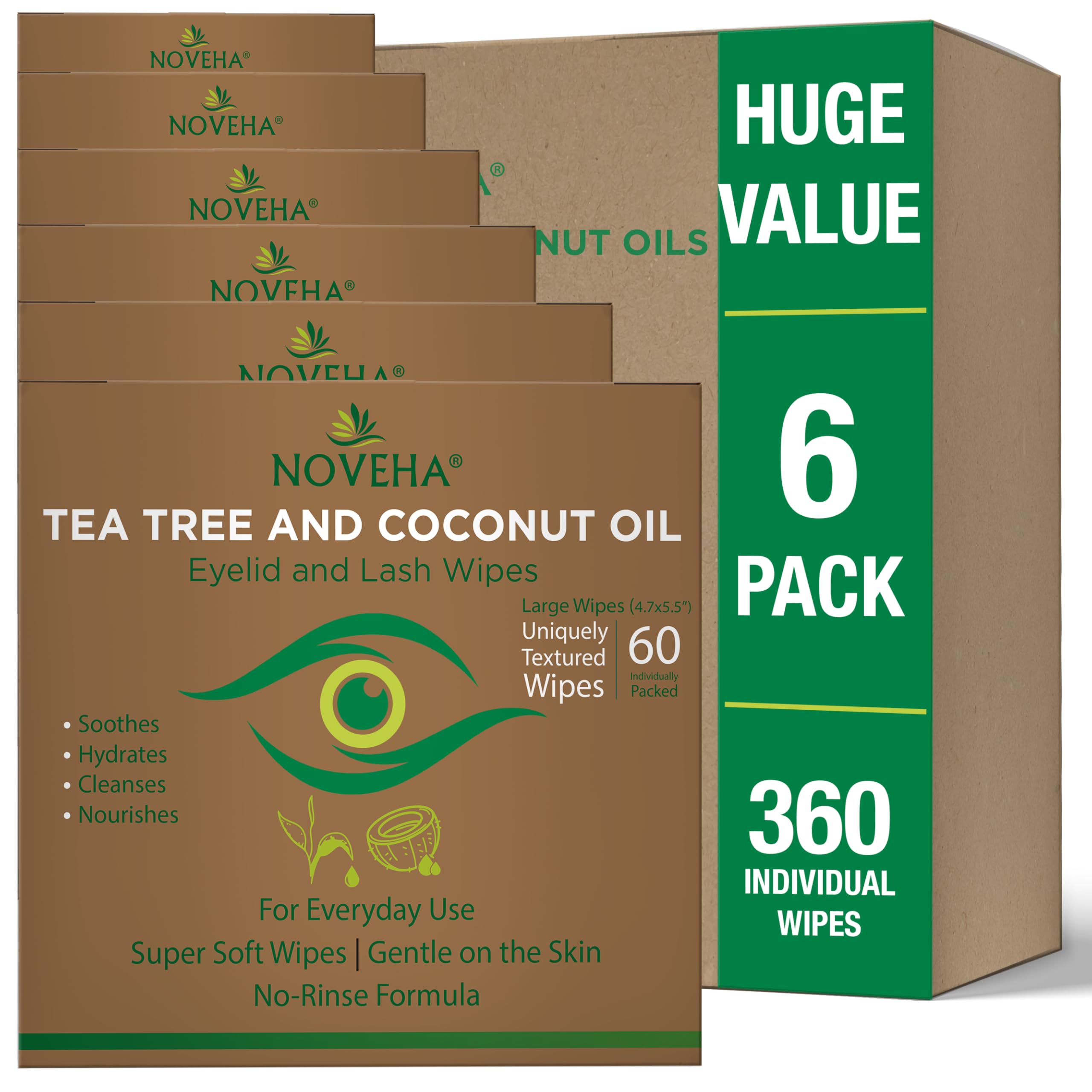 NOVEHA Tea Tree & Coconut Eyelid & Lash Wipes – 60-Count, Gentle Ocular Hygiene & Makeup Removal
