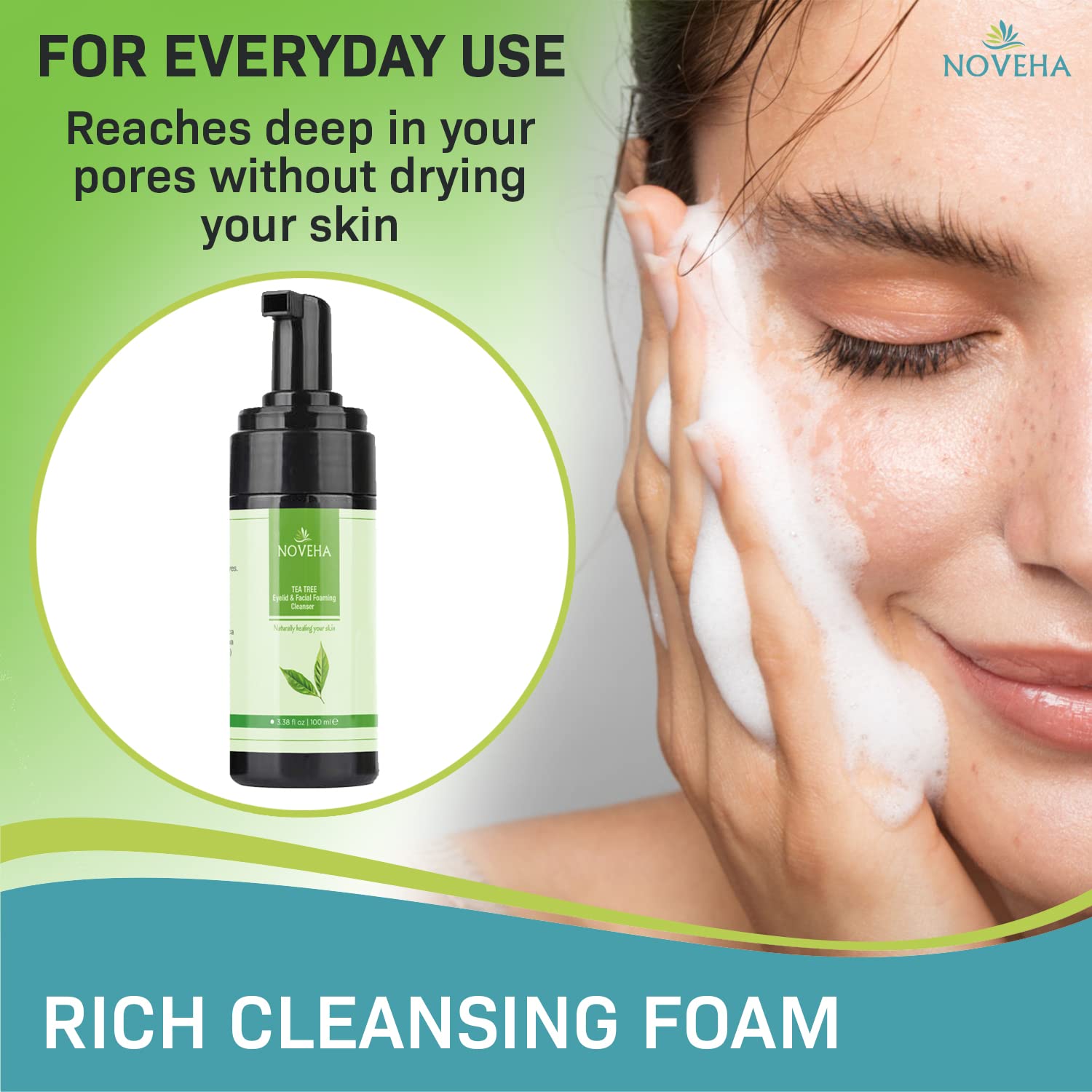 NOVEHA Tea Tree Oil Foaming Cleanser – Daily Eyelid & Facial Cleanser, Organic & Gentle, 2-Pack