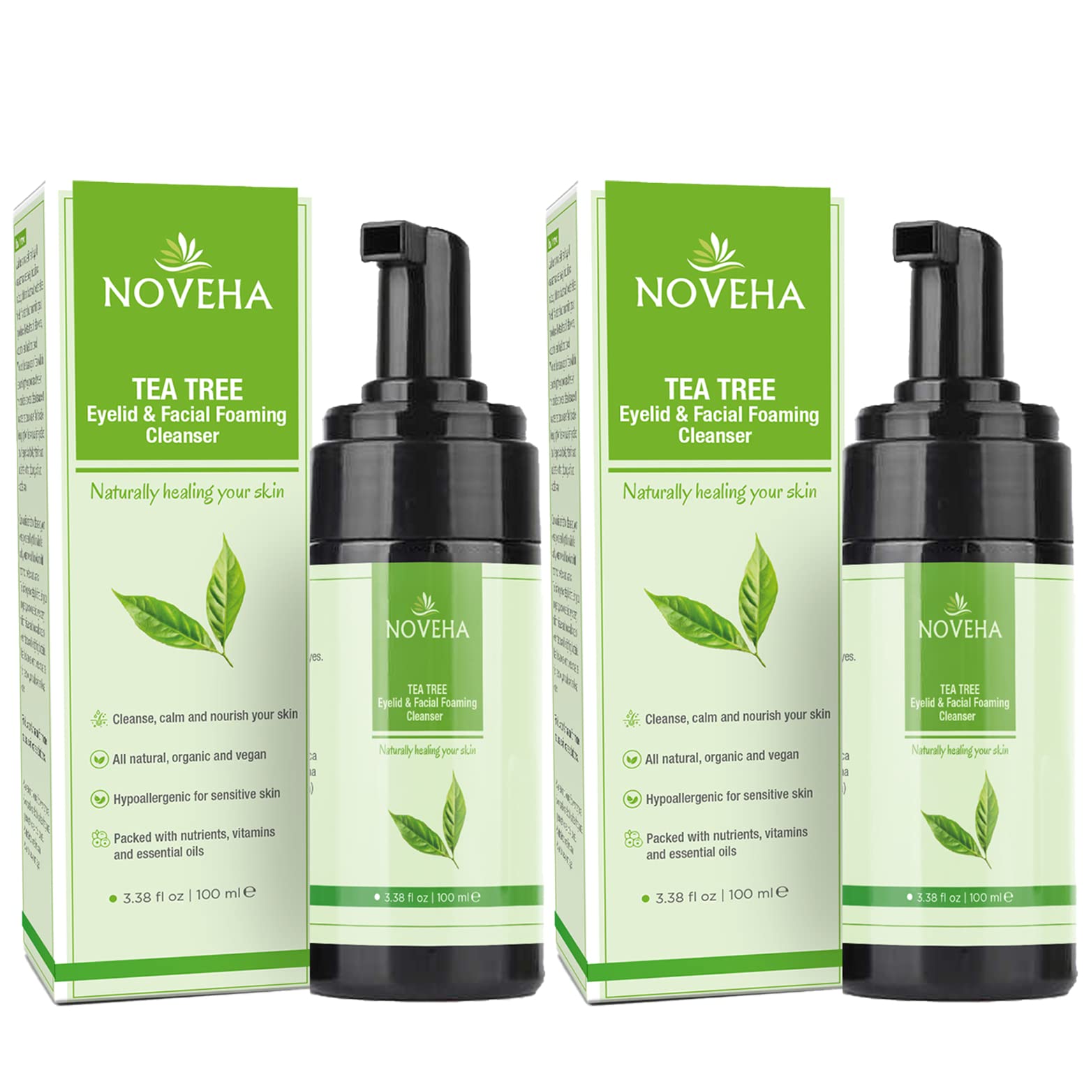 NOVEHA Tea Tree Oil Foaming Cleanser – Daily Eyelid & Facial Cleanser, Organic & Gentle, 2-Pack
