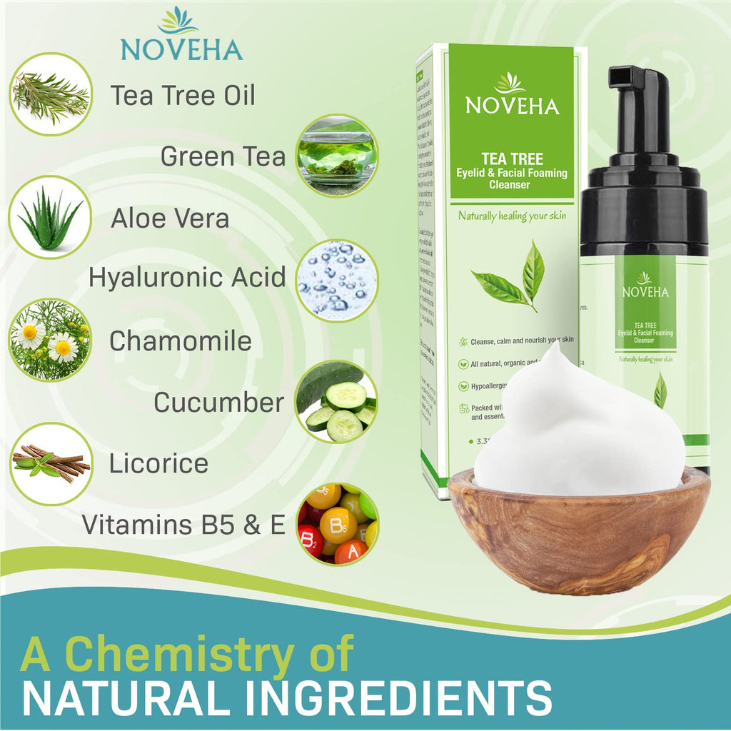 NOVEHA Tea Tree Oil Foaming Cleanser – Daily Eyelid & Facial Cleanser, Organic & Gentle, 2-Pack