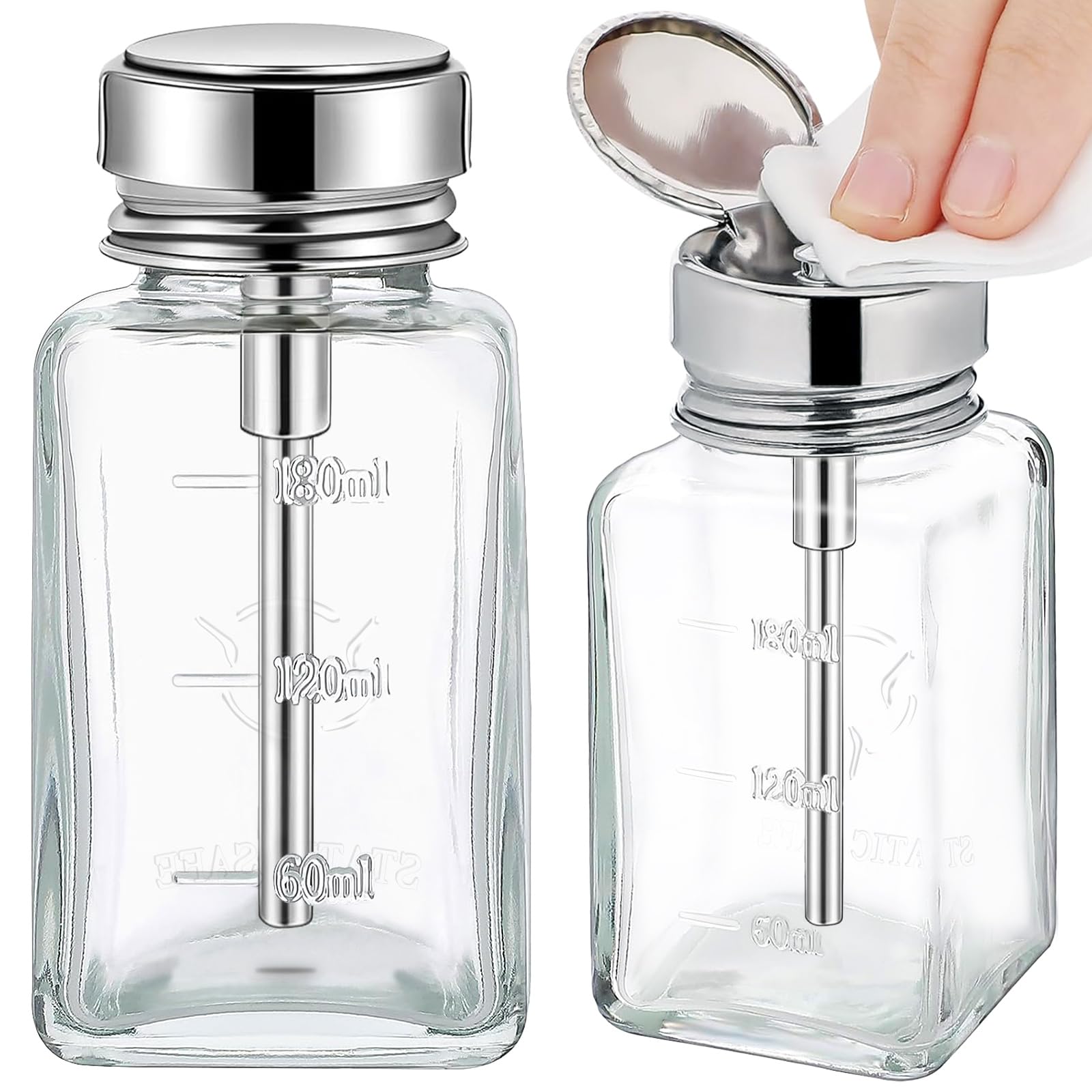 Noverlife 2-Pack 6oz Clear Glass Pump Dispenser Bottles – Refillable Nail Polish Remover Dispenser with Flip Top Cap