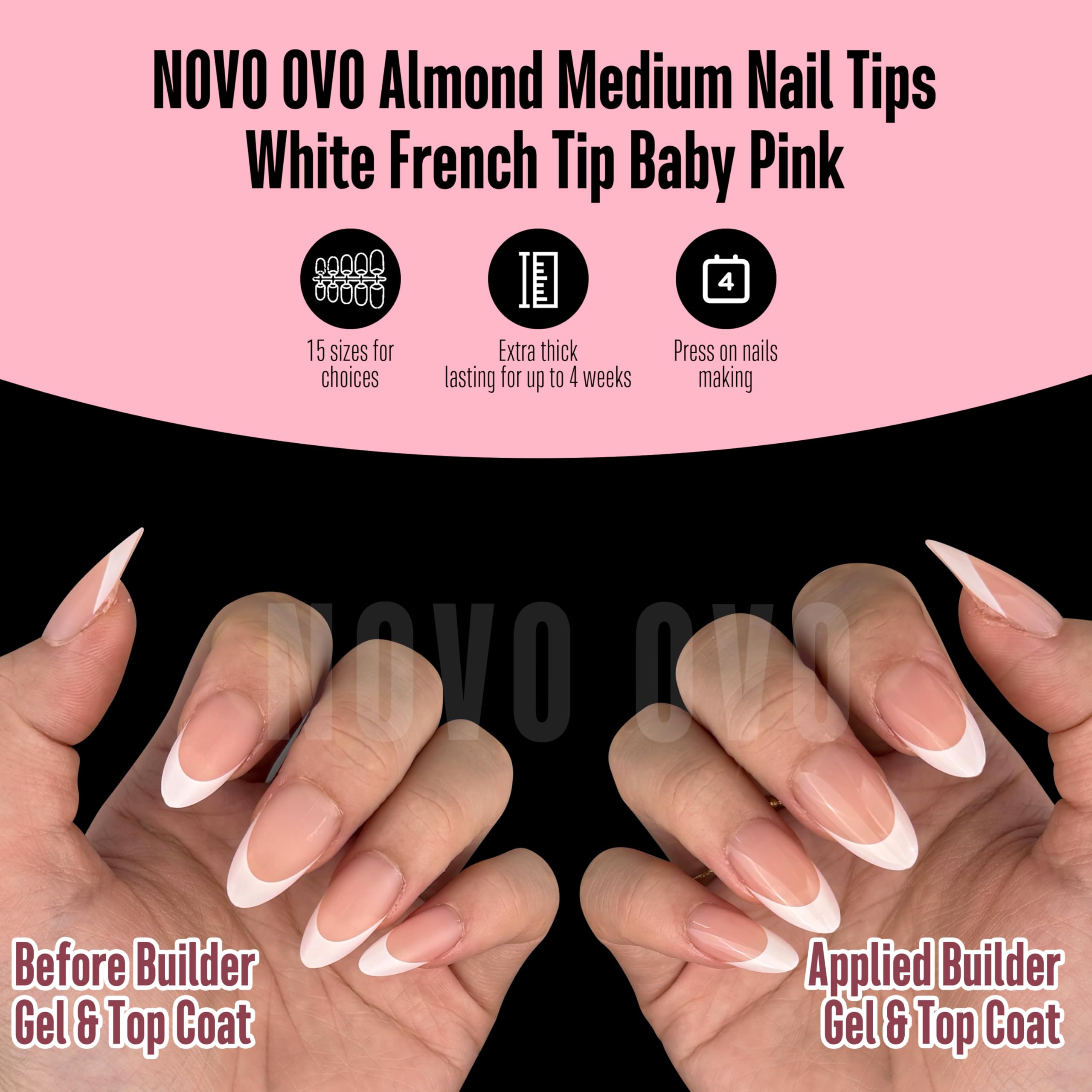 NOVO OVO White French Tip Almond Nails – Baby Pink Press On Tips, Extra Thick Soft Gel, 240 pcs, 15 Sizes