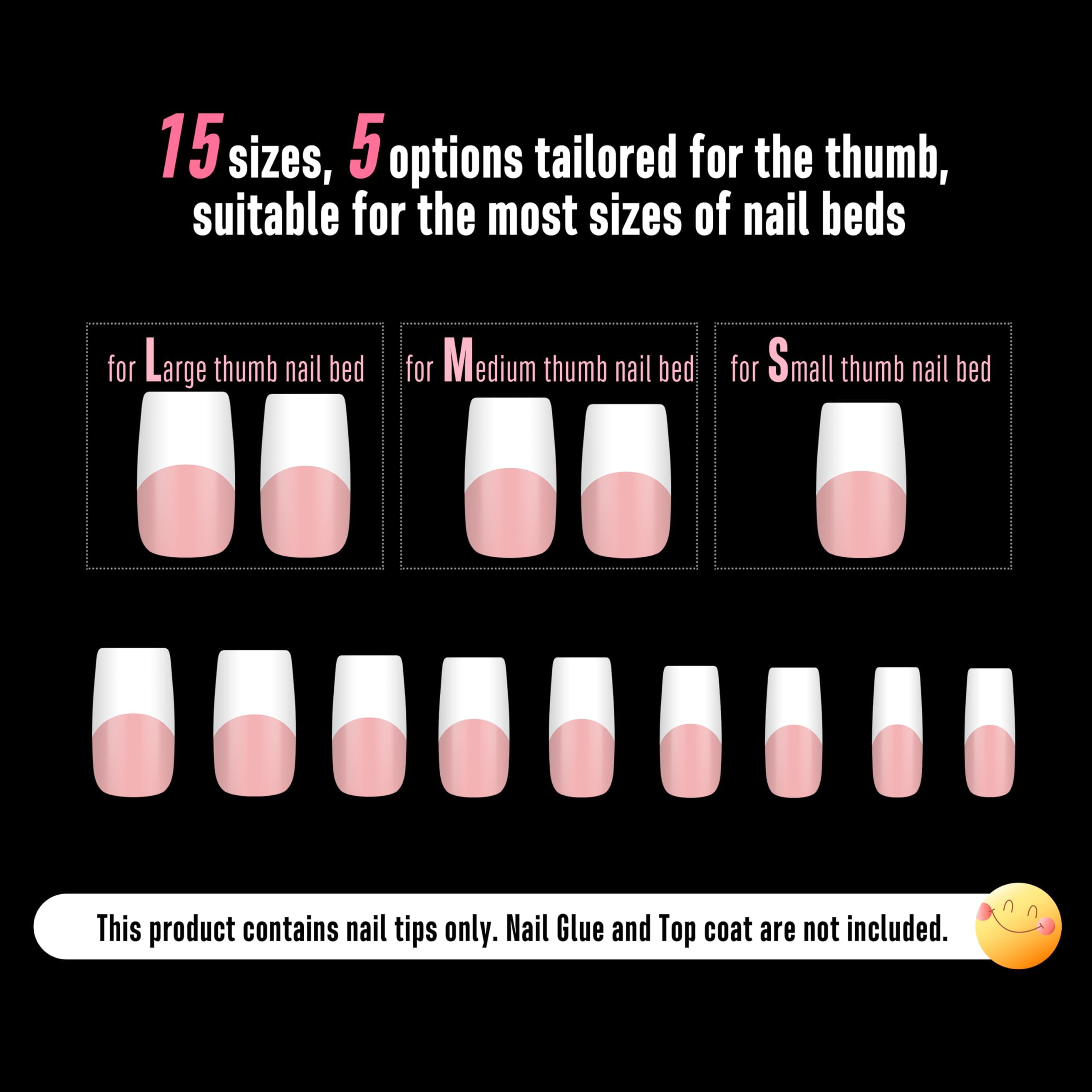 NOVO OVO Old School Wide White French Tip Nails – Press On, Baby Pink, 240 pcs, 15 Sizes