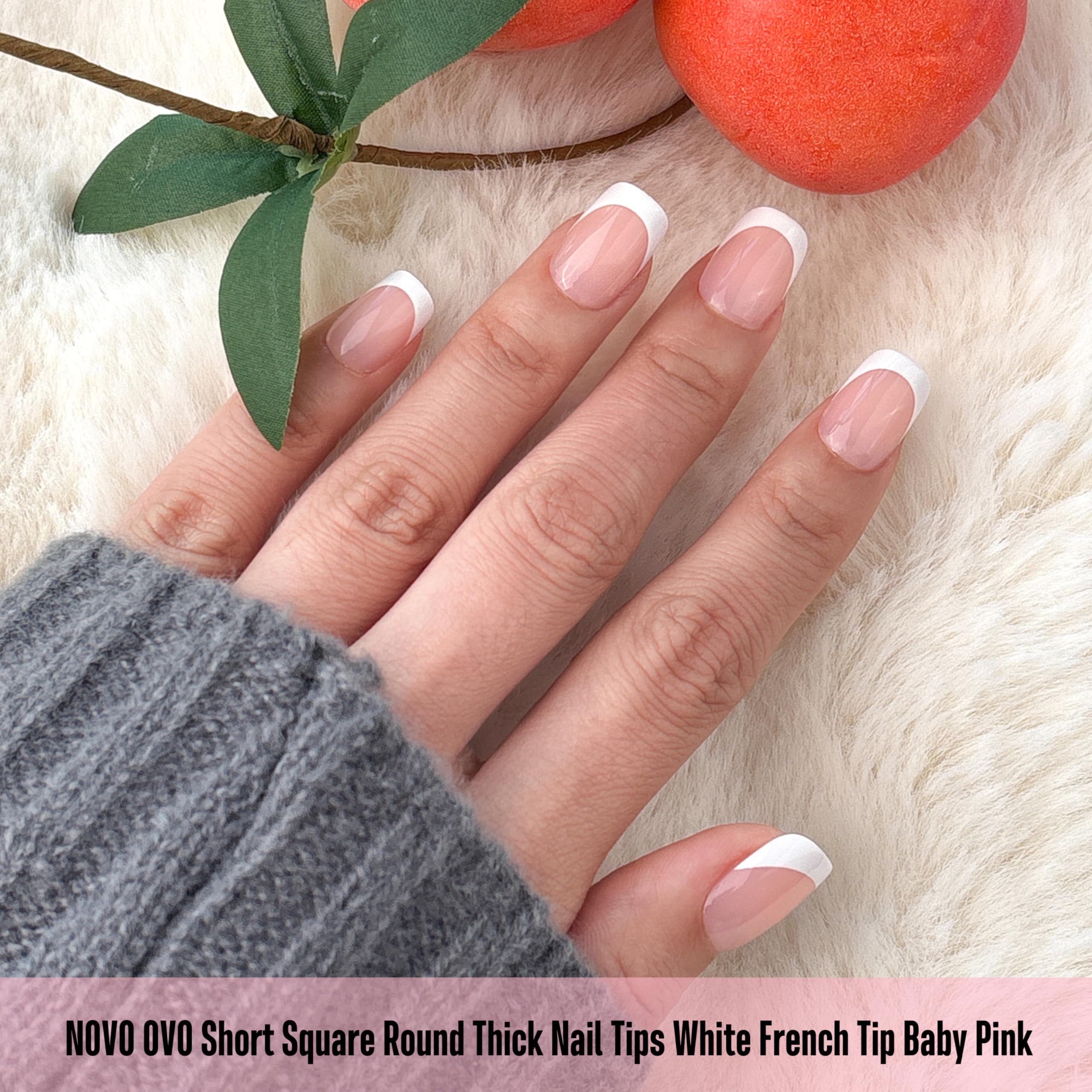 NOVO OVO Short Square Round White French Tip Nail Tips Baby Pink – Extra Thick Full Cover, 240 pcs, 15 Sizes
