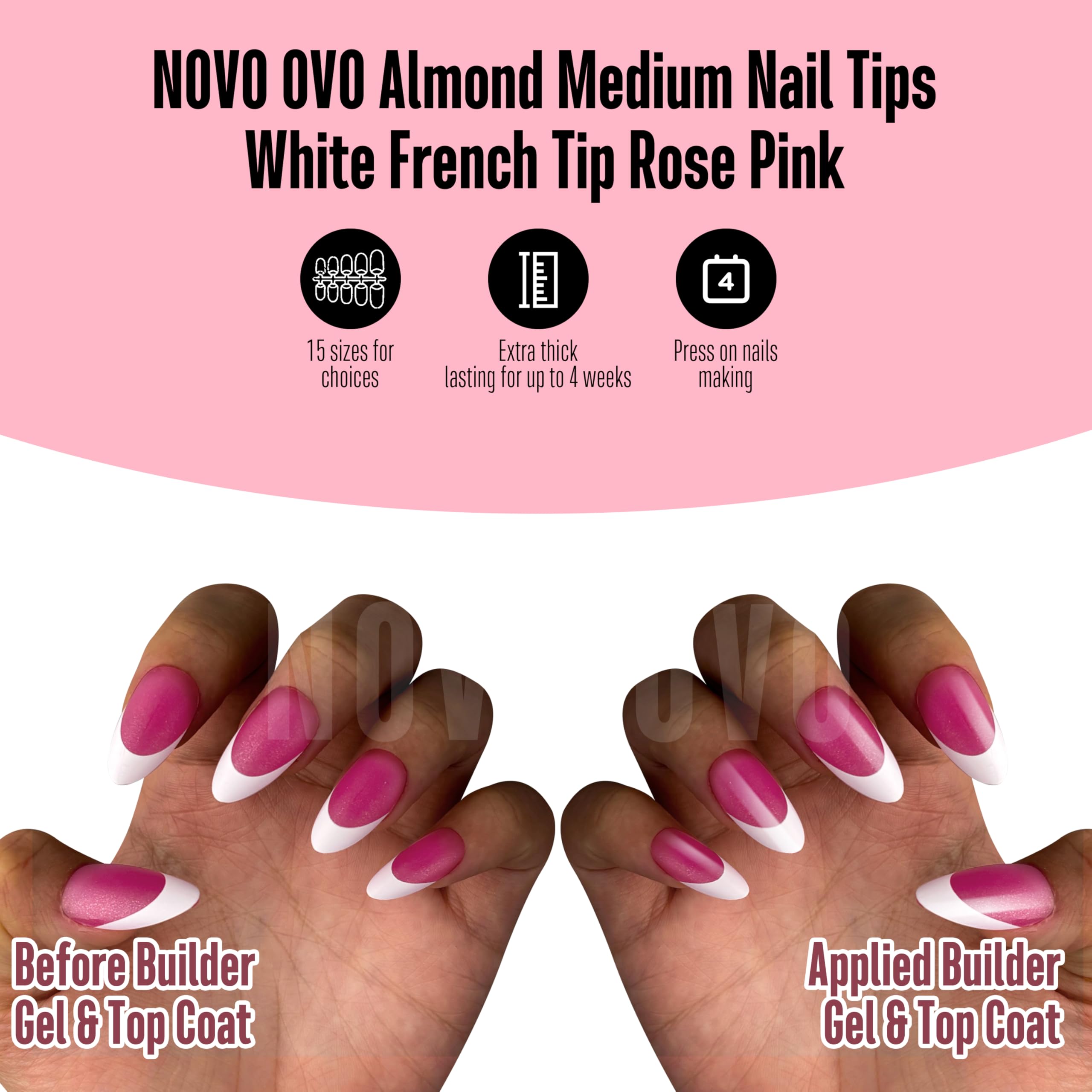 NOVO OVO White French Tip Almond Nail Tips – Rose Pink, Extra Thick Soft Gel Press-On (240 pcs)