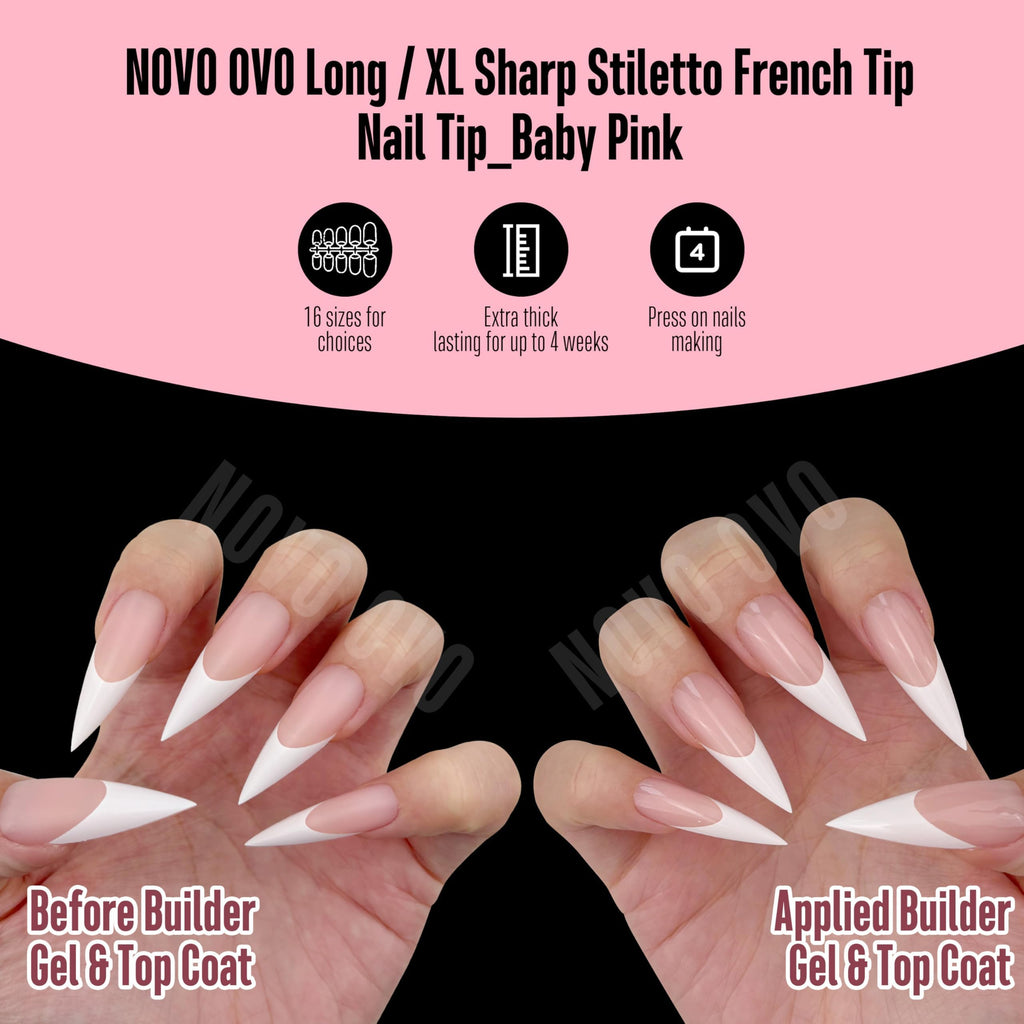 NOVO OVO White French Tip Long XL Sharp Stiletto Nail Tips – Baby Pink Press-On Nails, Soft Gel, 160 pcs, 16 Sizes