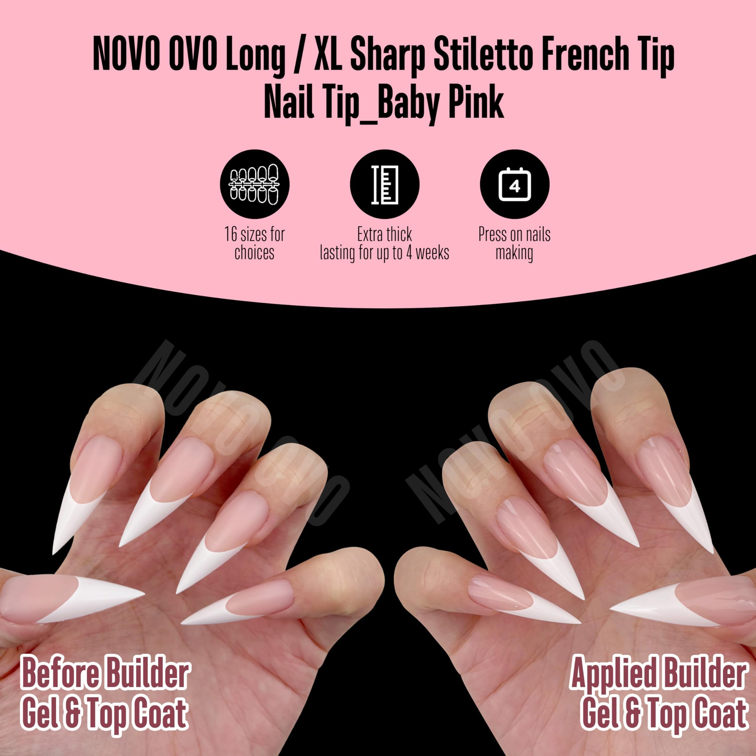 NOVO OVO White French Tip Long XL Sharp Stiletto Nail Tips – Baby Pink Press-On Nails, Soft Gel, 160 pcs, 16 Sizes