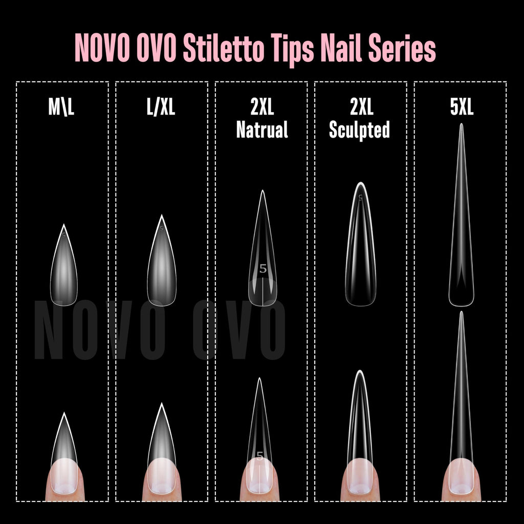 NOVO OVO Sharp Stiletto Nail Tips — Soft Gel, Full-Cover, 224 pcs, 16 Sizes