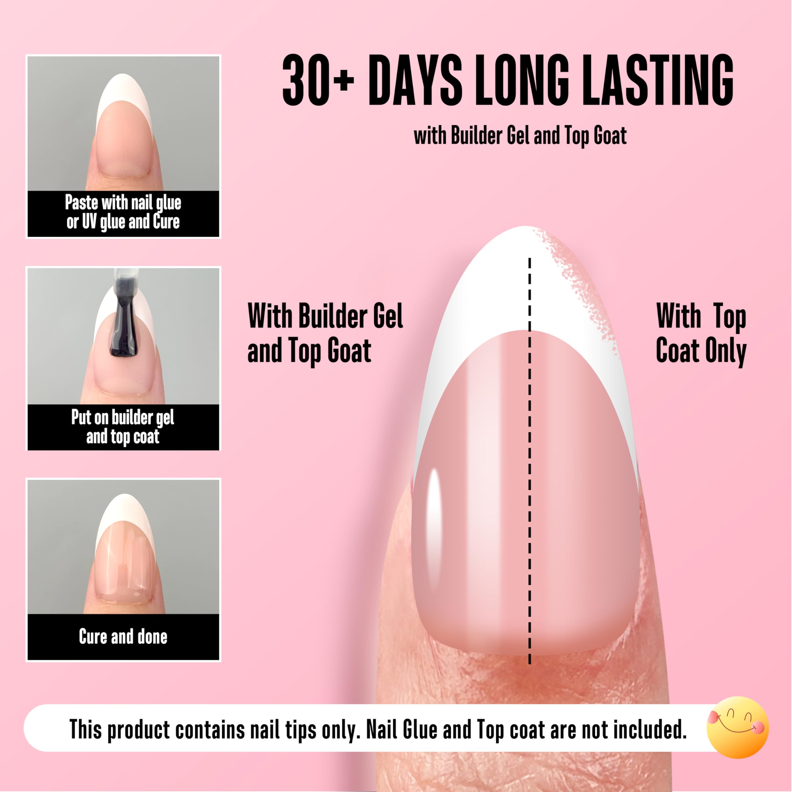 NOVO OVO White French Tip Almond Nails – Baby Pink Press On Tips, Extra Thick Soft Gel, 240 pcs, 15 Sizes