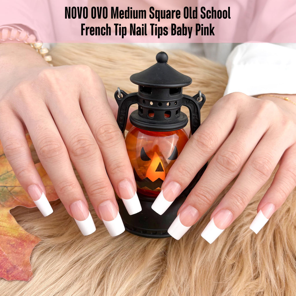 NOVO OVO Old School Wide White French Tip Nails – Press On, Baby Pink, 240 pcs, 15 Sizes