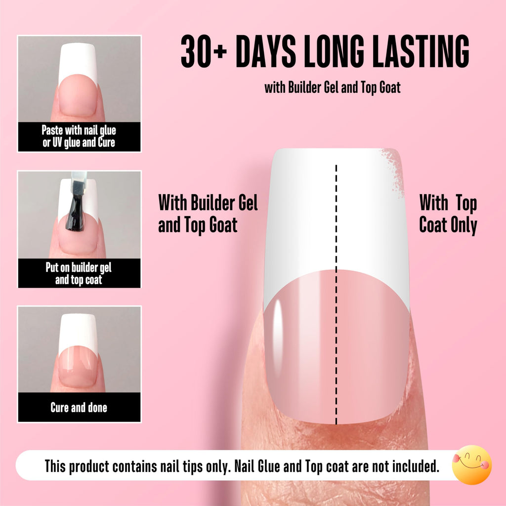 NOVO OVO Old School Wide White French Tip Nails – Press On, Baby Pink, 240 pcs, 15 Sizes