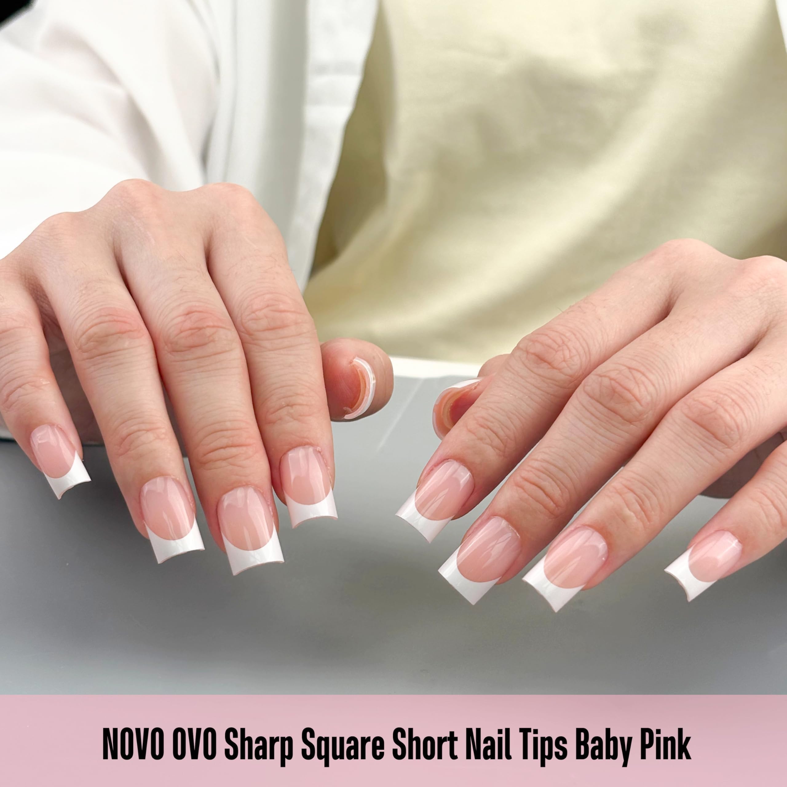 NOVO OVO Short Sharp Square White French Tip Nail Tips – Baby Pink Press-On, 240 pcs, 15 Sizes
