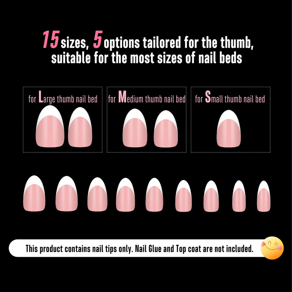 NOVO OVO White French Tip Almond Nails – Baby Pink Press On Tips, Extra Thick Soft Gel, 240 pcs, 15 Sizes