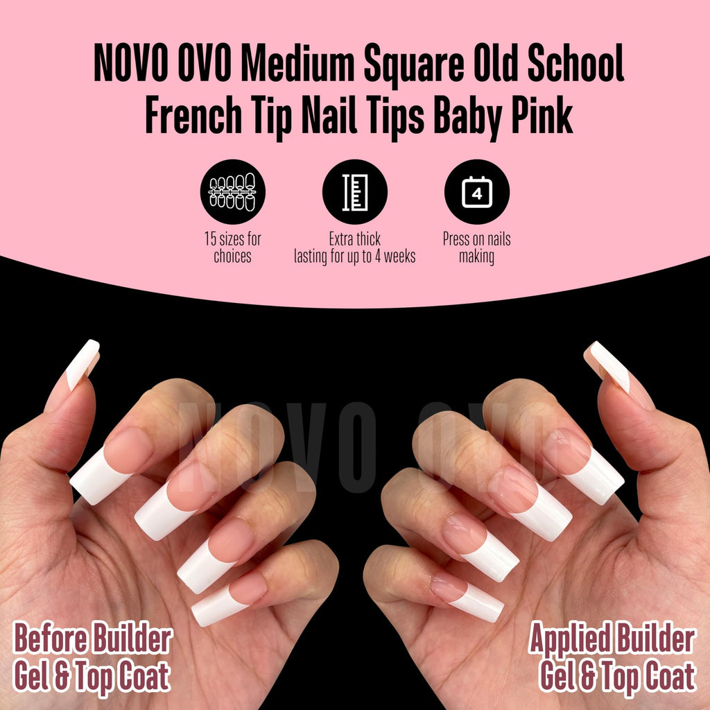NOVO OVO Old School Wide White French Tip Nails – Press On, Baby Pink, 240 pcs, 15 Sizes